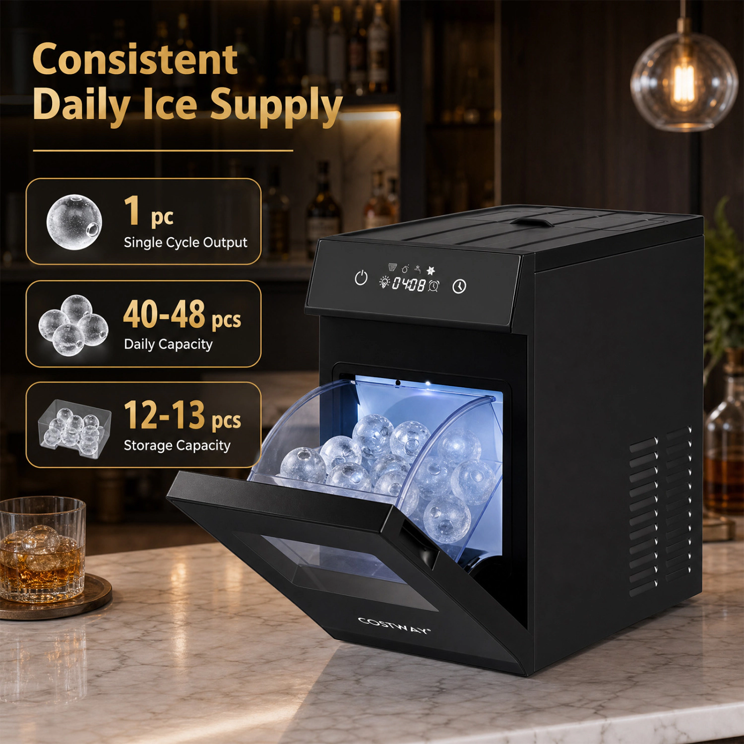 LJG 2 Inch Ice Ball Maker Countertop with Self-Cleaning and 8H Timer