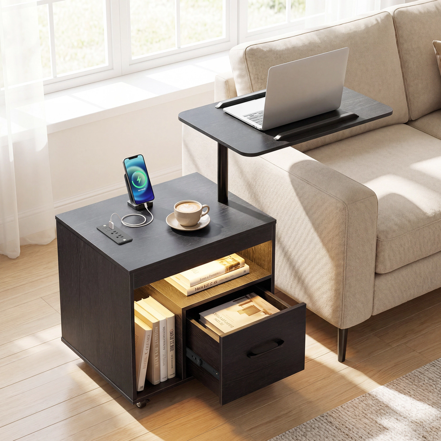 LJG LED Nightstand with Power Outlets Modern Bedside Table Flip Over