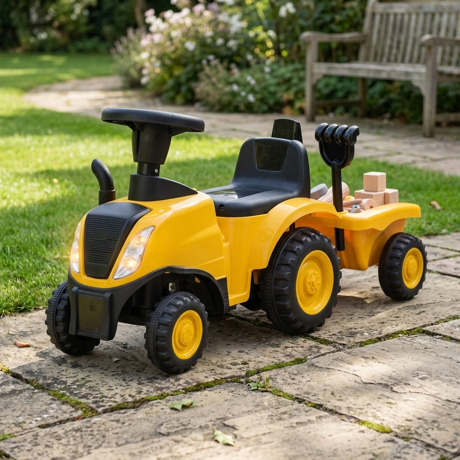 Kids Ride On Tractor Detachable Trailer LED Lights Horn 36.5-in No-Power Toddlers 1.5-3 55-lb Seat Capacity Yellow