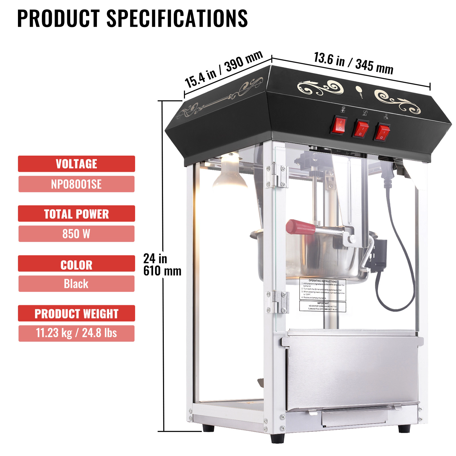 HONGGE Popcorn Maker, Popper Machine, Kettle Makes Cups per Batch, Countertop Maker with Tempered Glass