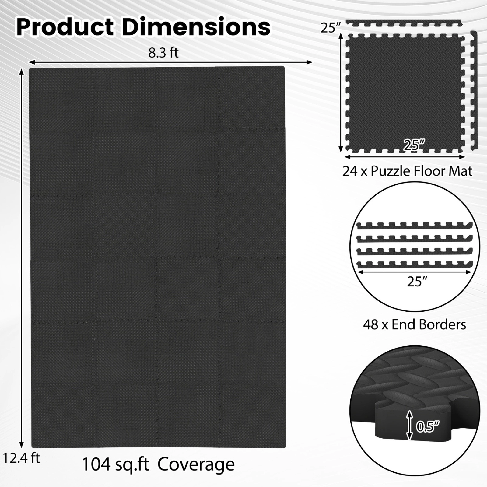 SUGIFT Black 24-Piece 25-in x 25-in 0.5-in Thick Interlocking EVA Foam Puzzle Exercise Floor Mats with Borders