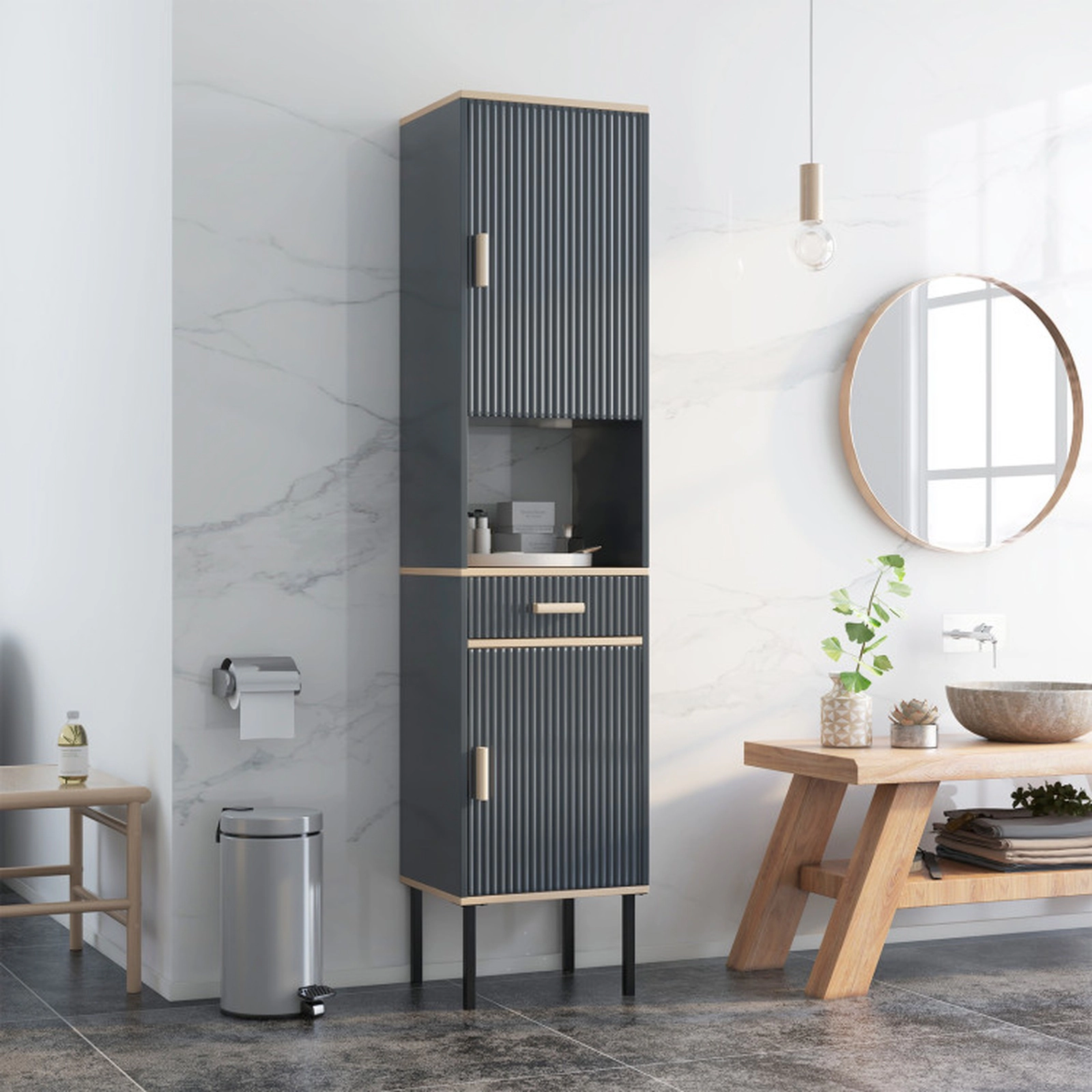 SUGIFT Free-Standing Narrow Bathroom Linen Cabinet with Doors and Drawer 70-in Tall 220-lb Capacity Gray