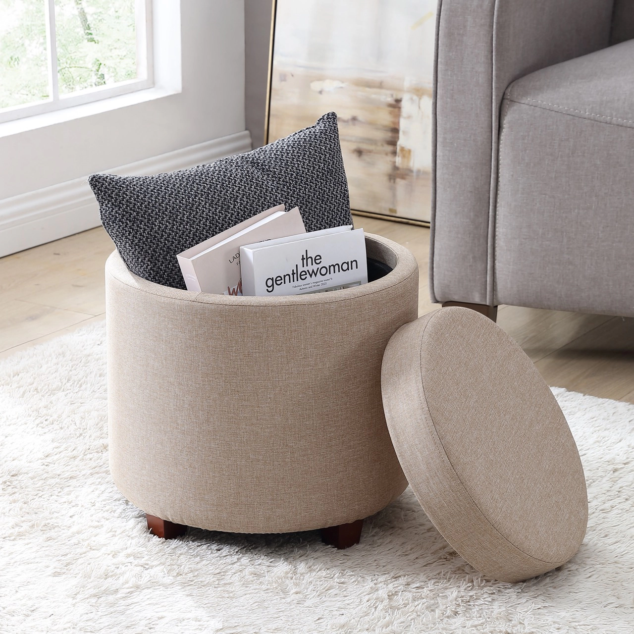 Ornavo Home Round Linen Storage Ottoman with Table Top Lid