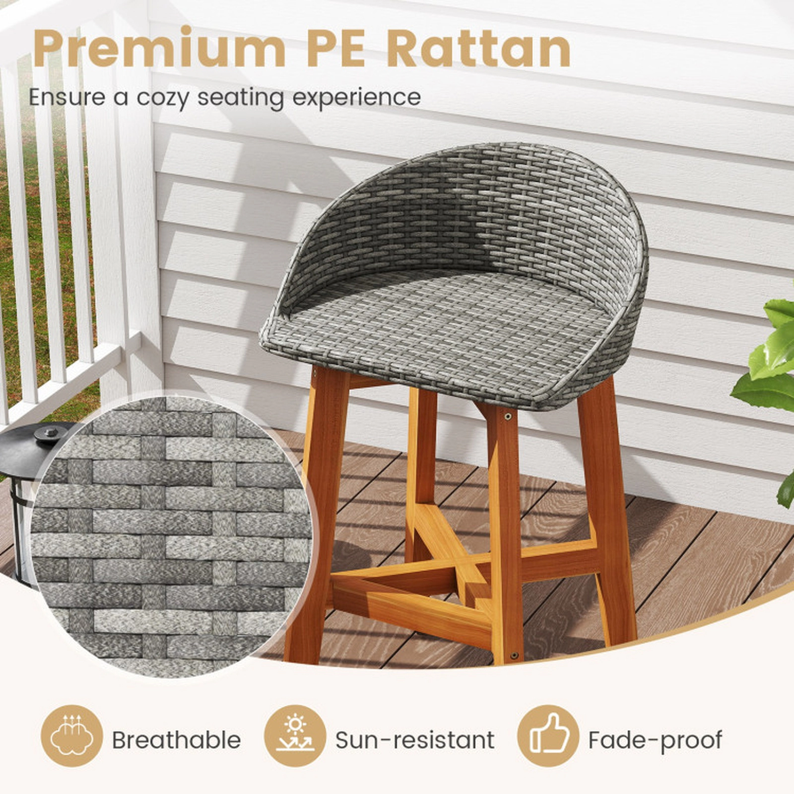 SUGIFT Acacia Wood Legs and Footrest 400-lb Set of 2 Outdoor Faux Rattan Bar Stools