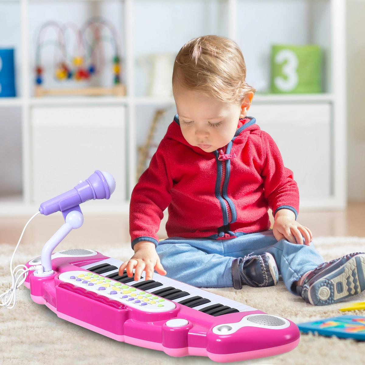 SUGIFT Kids 37-Key Electronic Keyboard Piano Microphone Stool 8 Sounds 8 Rhythms 22.5 x 11 x 18-in Ages 3+ Blue