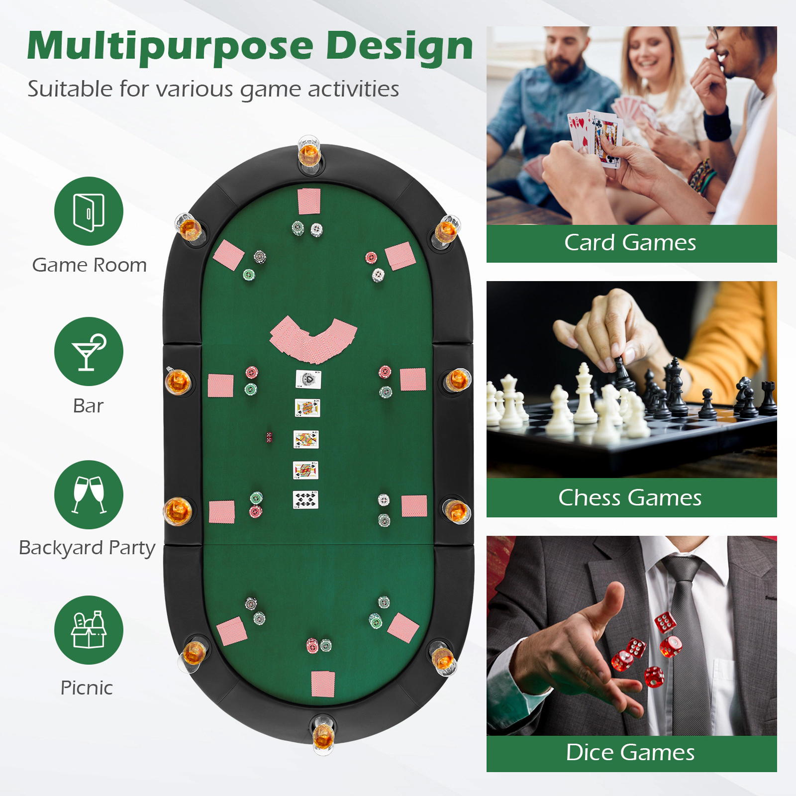 SUGIFT Green 10-Player Oval Foldable Poker Table Top with Padded PU Armrest and 10 Cup Holders 84-in W 42-in D