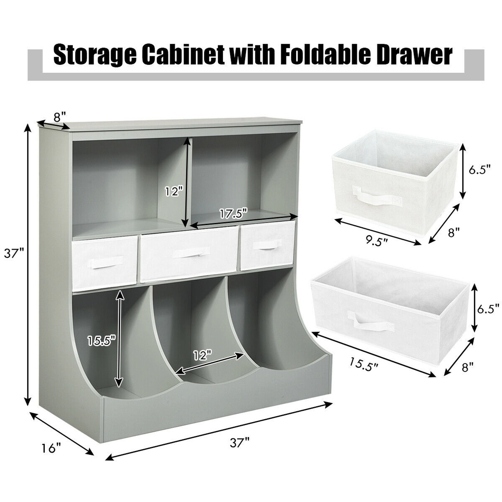 SUGIFT 37-in Combo Cubby Bin Storage Organizer with Drawers and Bins 66-lb Top Capacity Toy Unit Gray Brown White
