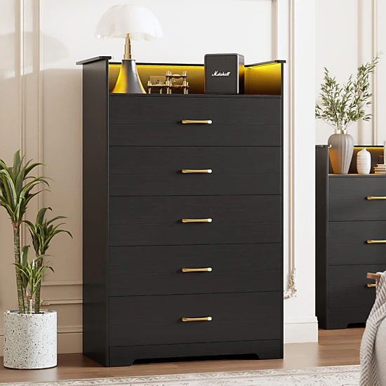 BebreezChic 5-Drawer LED Dresser with Charging Station,BLACK