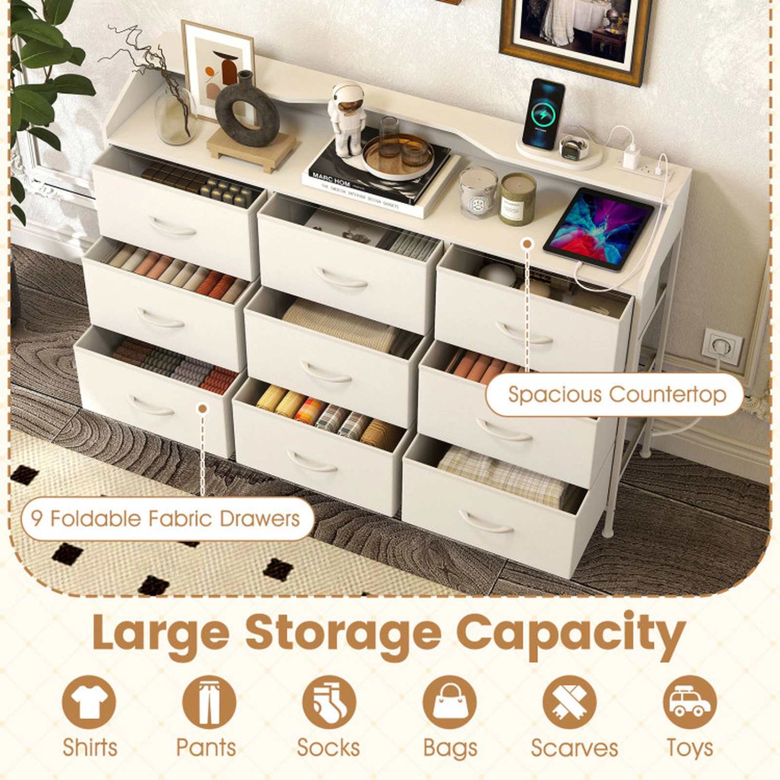 SUGIFT LED Storage Organizer Dresser with Charging Station and 9 Fabric Drawers 44-lb Countertop Capacity White