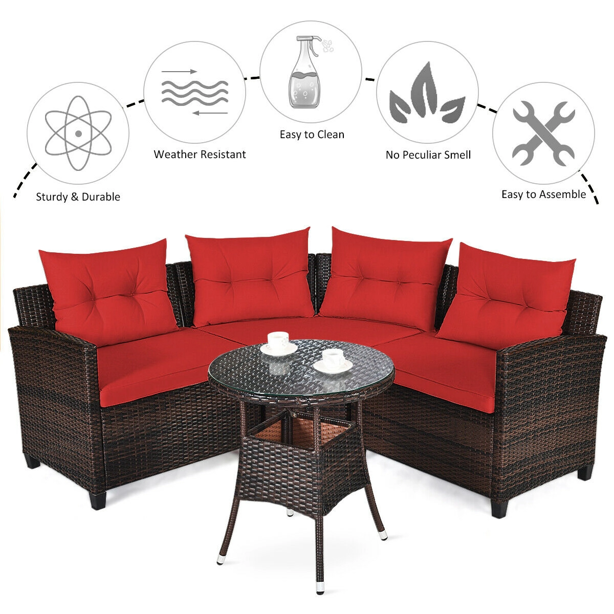 SUGIFT 4-Piece Red Rattan Patio Sofa Set with Cushions and Glass Table