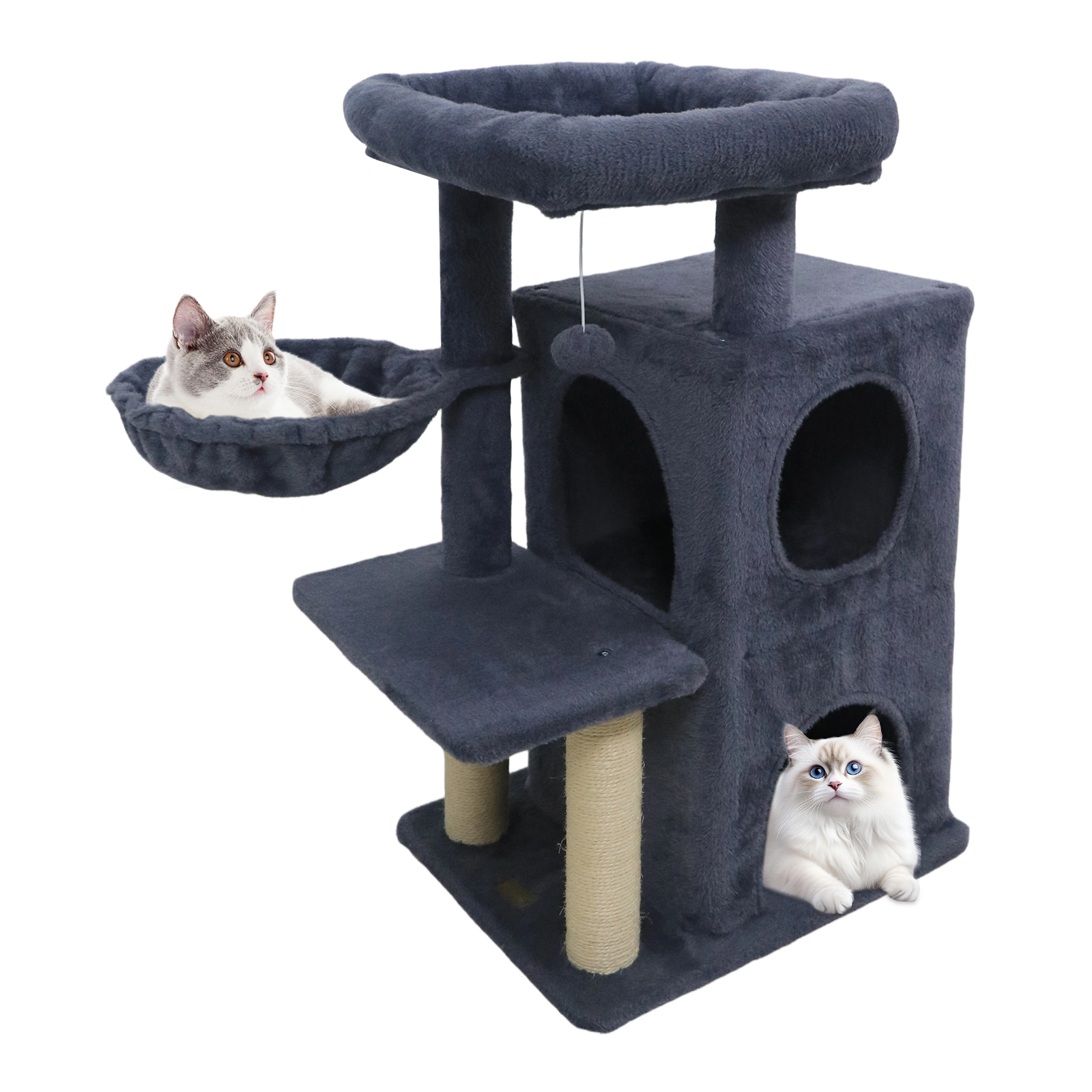 SUGIFT 33.5-in Cute 2-Tier Kitten Condo Tower Cat Tree with Padded Top Perch and Basket 22-lb Capacity Dark Gray