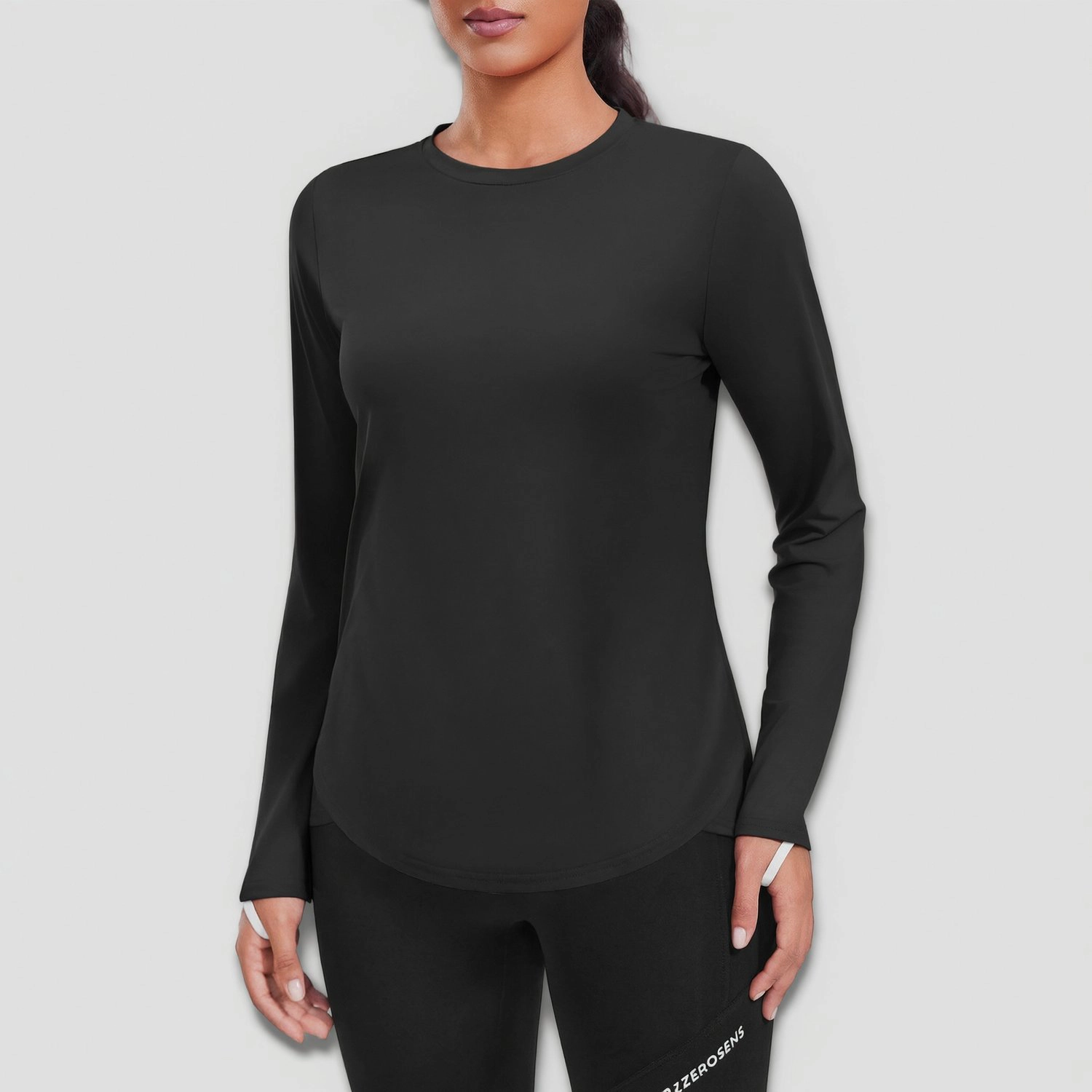 Pinspark Womens Slim Fit Long Sleeve T-Shirts Fall Crew Neck Curved Hem Workout Tops