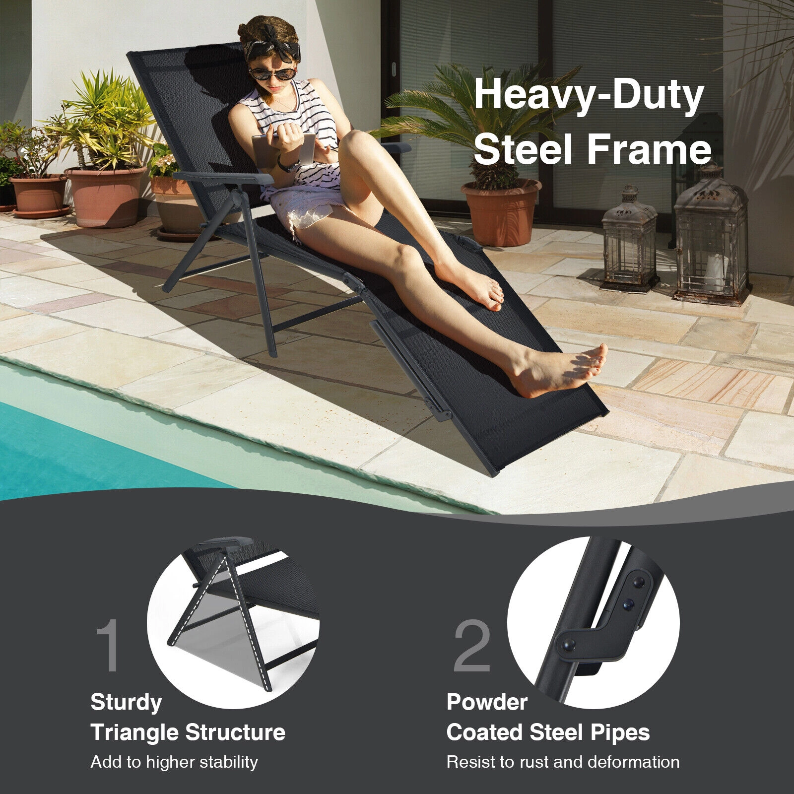 SUGIFT 2-Piece Foldable Chaise Lounge Chair 5-Position Backrest & 2-Position Footrest 330-lb Capacity Black Brown Gray