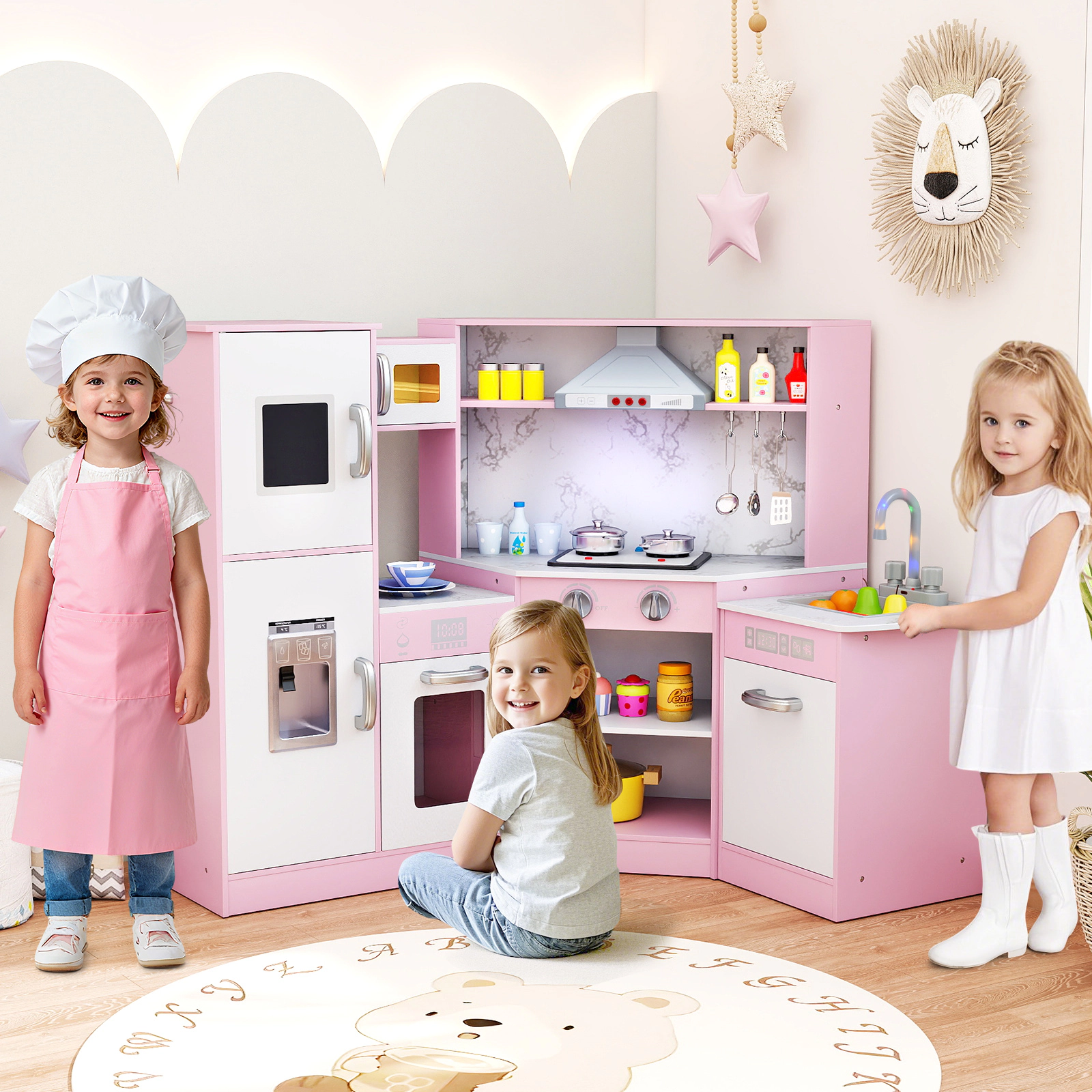 Corner Pretend Play Kitchen for Toddlers Chef Hat Apron Rotary Faucet Basin 17.5-in Countertop 39.5-in x 19.5-in x 32-in