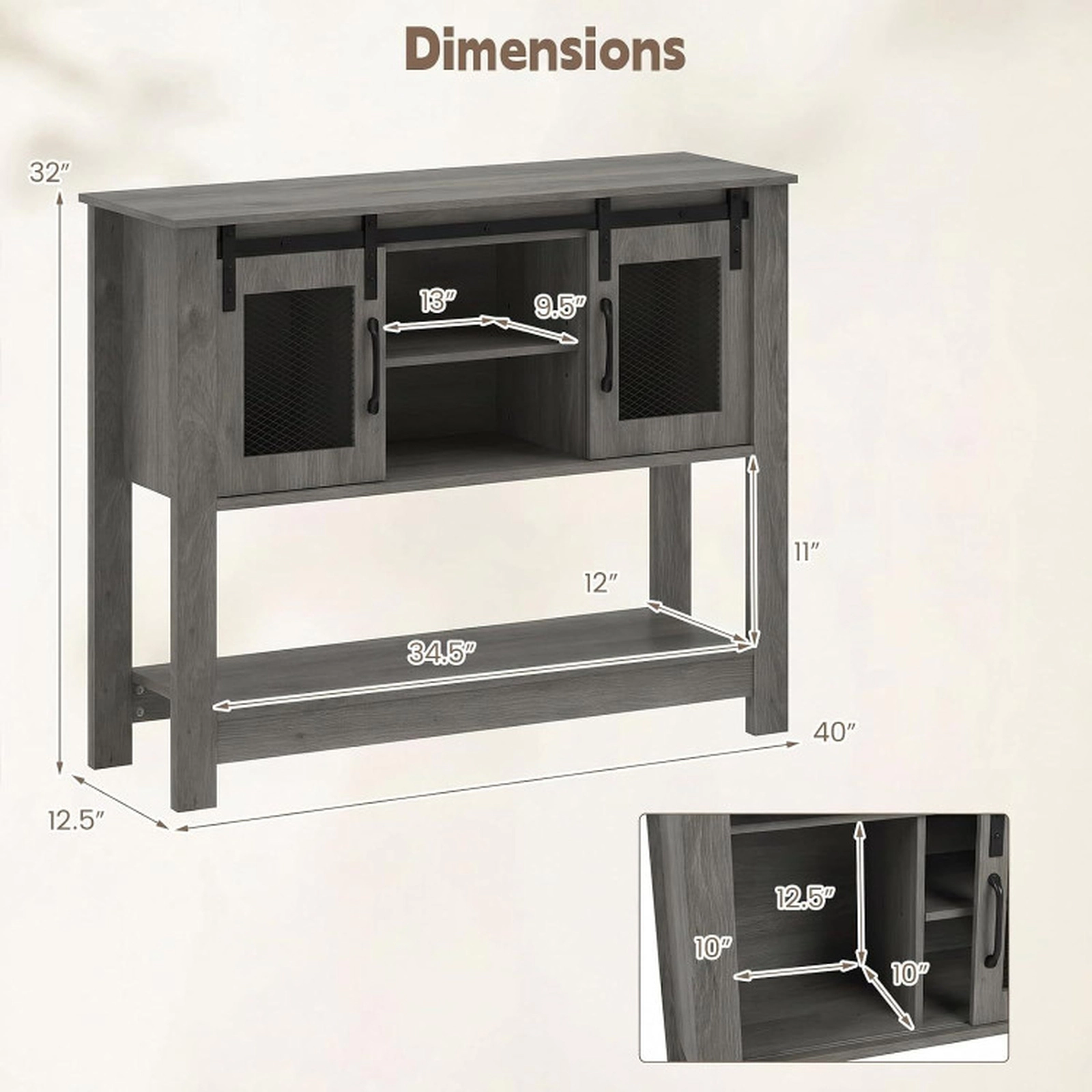 SUGIFT 40-in 150-lb Capacity Gray Console Table with 2 Sliding Barn Doors Mesh Accents and Adjustable Shelf
