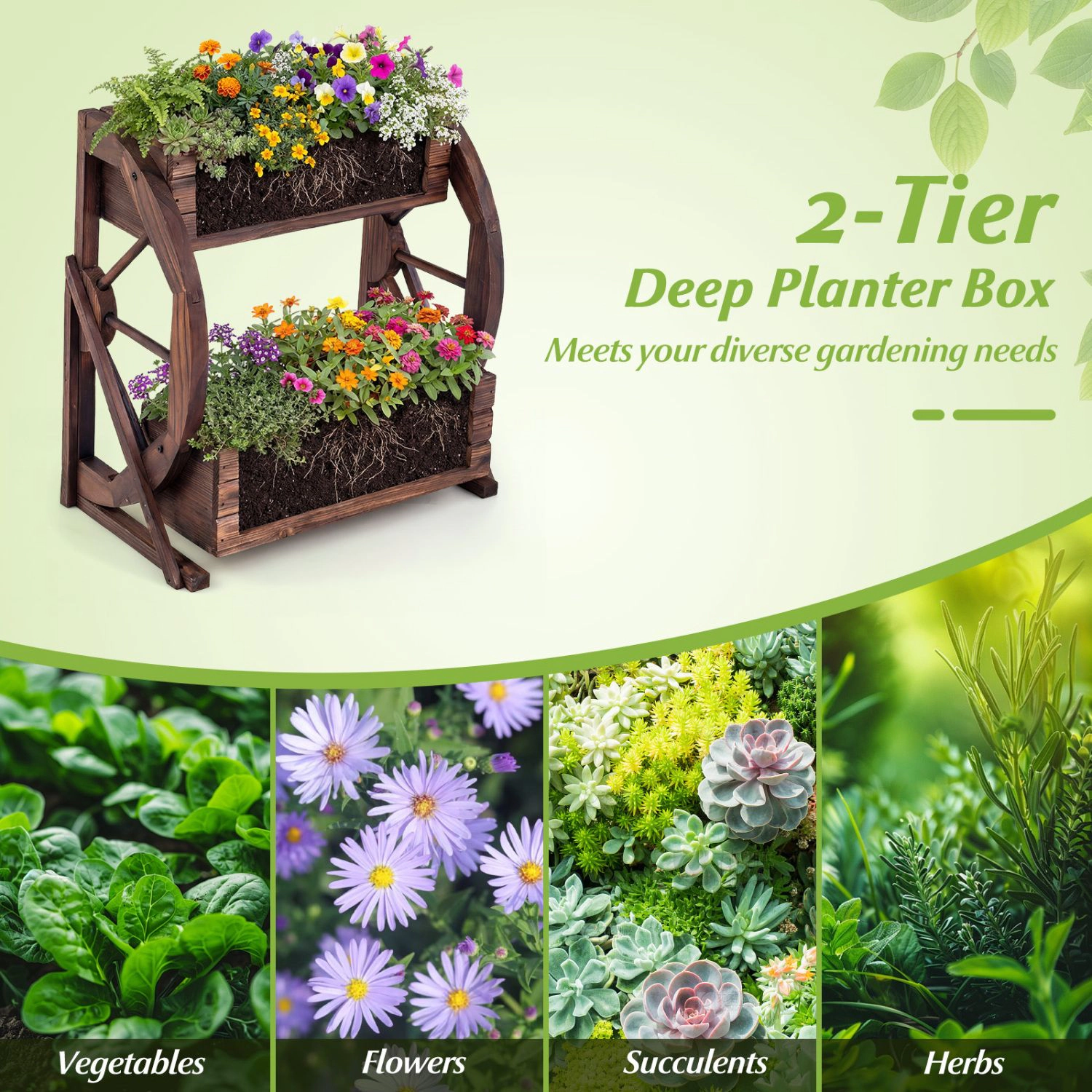 SlickBlue Wooden Wagon Planter Box 2 Tier Raised Garden Bed with Wheels