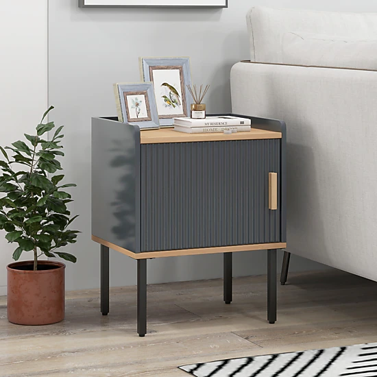 SUGIFT 22 in Gray Nightstand with Single-Door Cabinet and Raised Edge