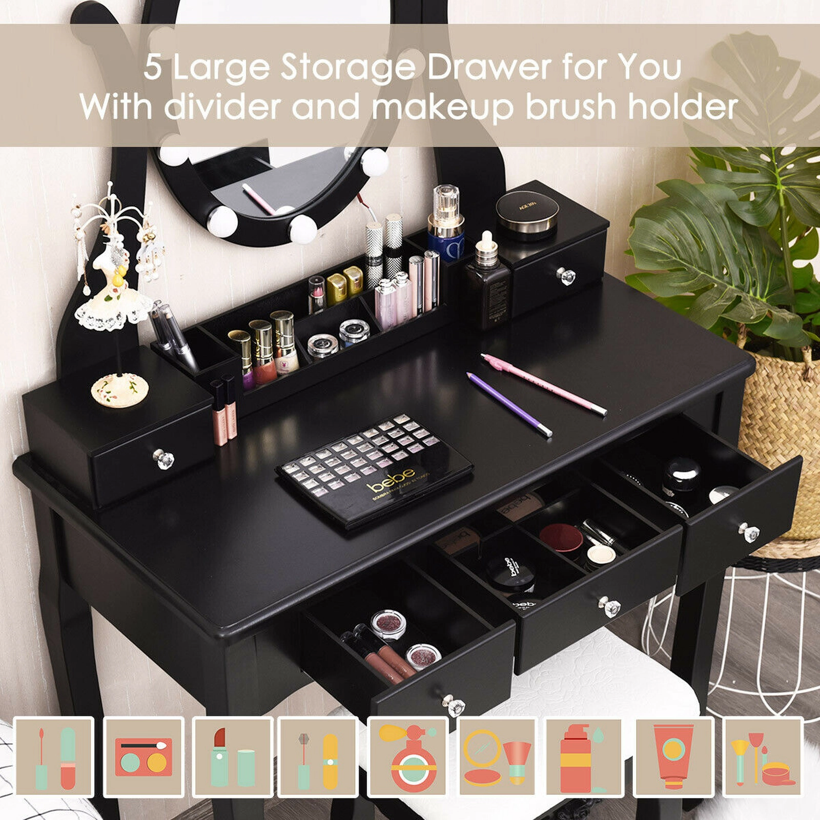 SUGIFT 10 Dimmable Lights Vanity Table Set with Lighted Mirror and Cushioned Stool 287-lb Table Capacity Black