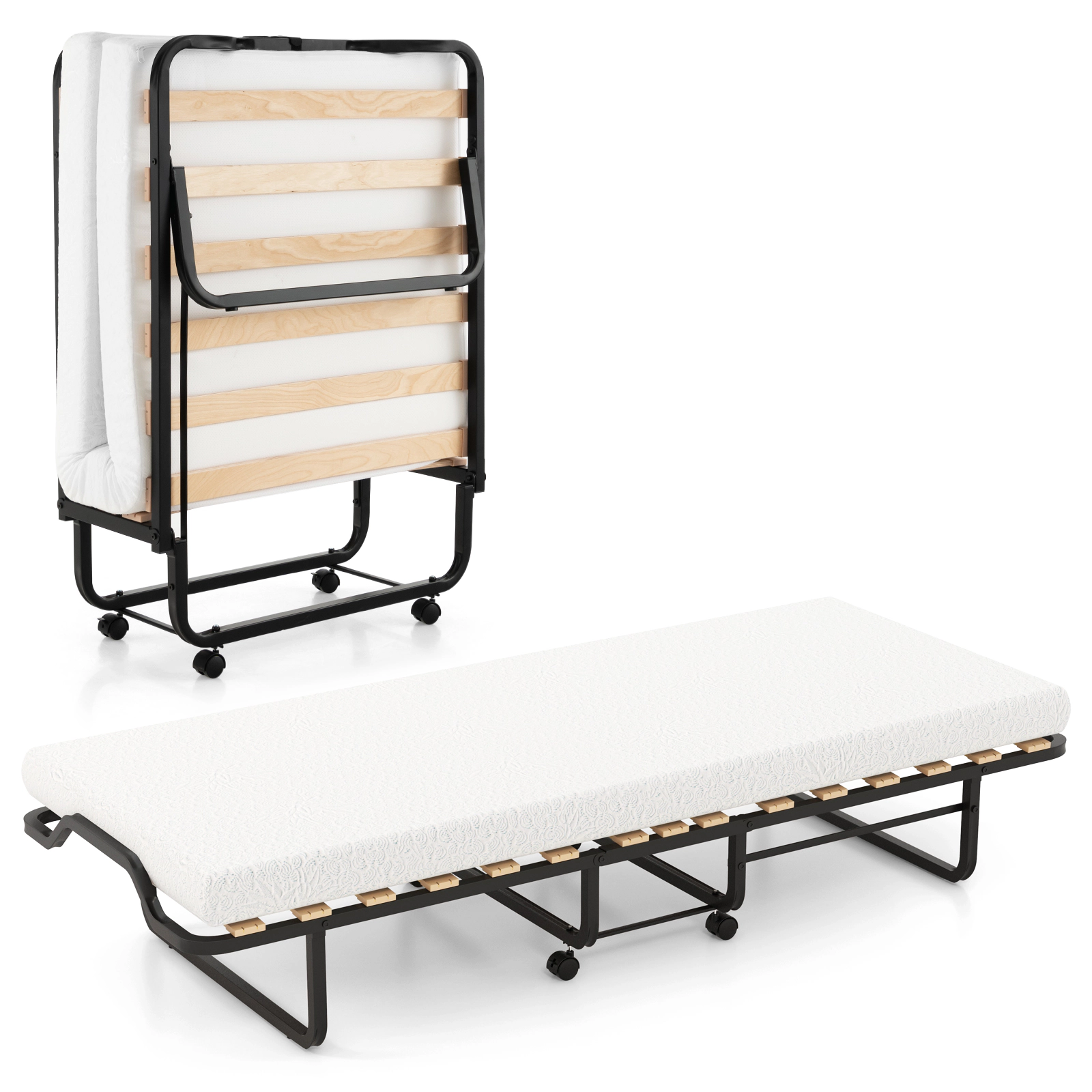 SUGIFT Twin Size Folding Bed with 4-in Foam Mattress and Lockable Wheels 490-lb Capacity Black and White