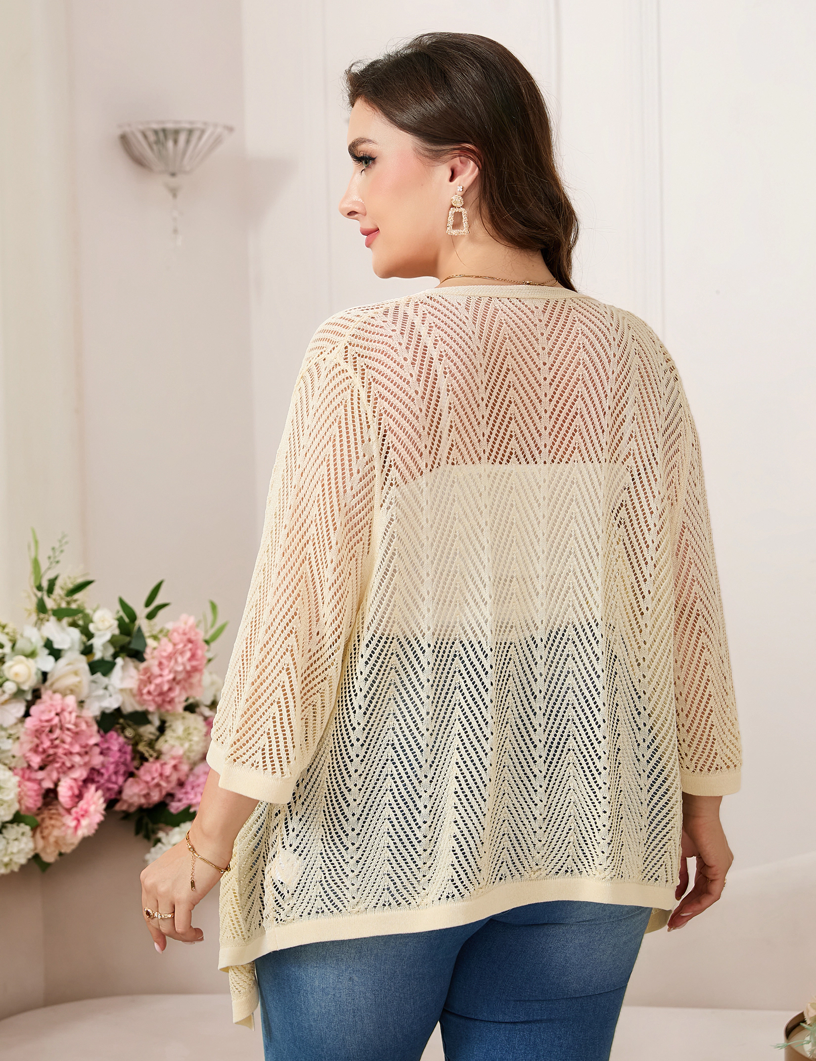KOJOOIN Women's Plus 3/4 Sleeve Cardigan Open Front Hollow Out Sweater Lightweight Shrug
