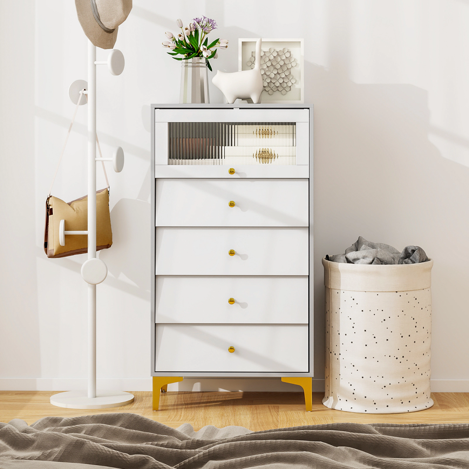 Slickblue Bedroom Storage Cabinet with 4 Drawers and Fluted Tempered Glass Door Gray White