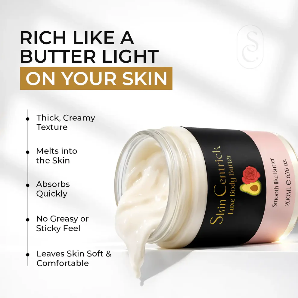 Skin Centrick Luxe Body Butter, Moisturizing Formula with Shea Butter and Rosehip Oil for Dry Skin, 200 mL