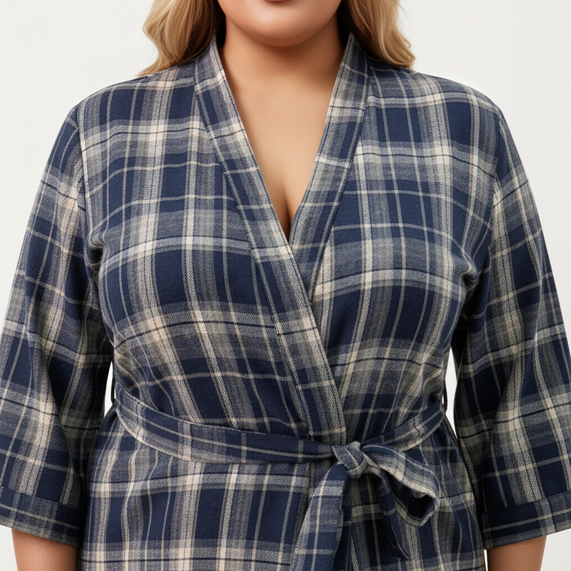 Anna-Kaci Women's Plus Plaid Long Robe with Brushed Texture Adjustable Waist Tie and Three-Quarter Sleeves