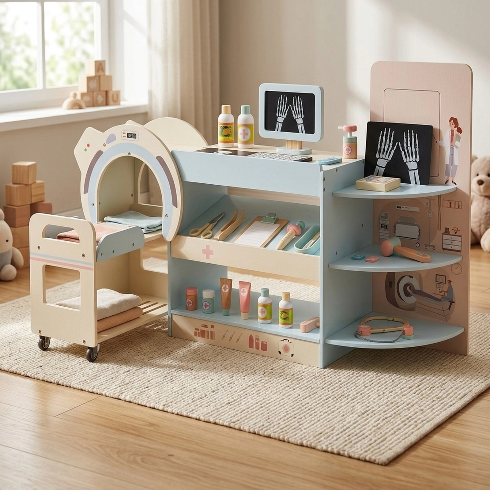 Kids Doctor Play Set Wooden Hospital Office Kit Eye Chart Toy CT Machine Rolling Trolley 45.5-in x 12-in x 28.5-in Blue