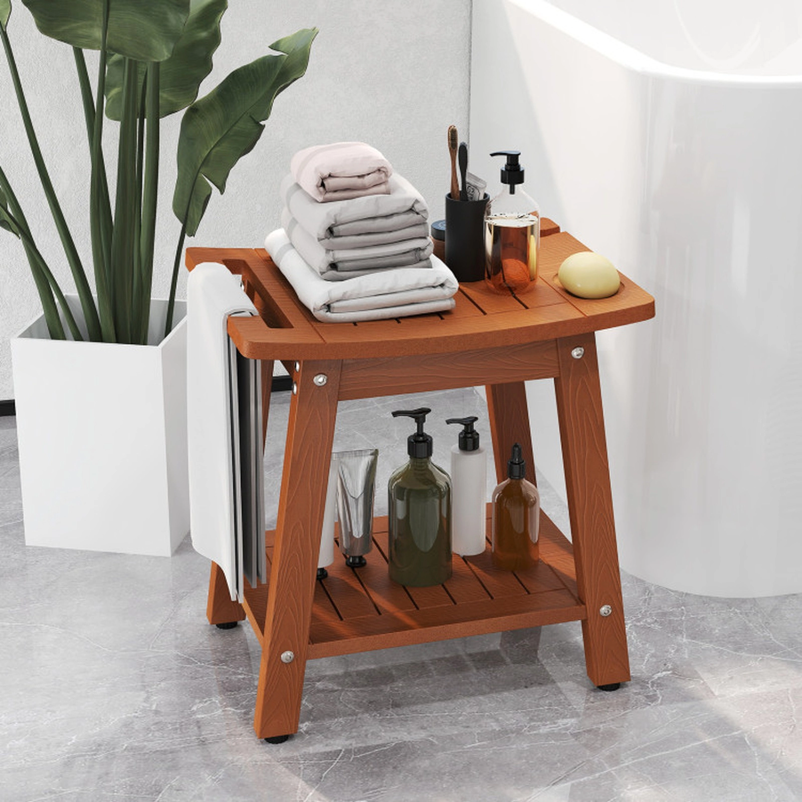SUGIFT Sprayer Holder Soap Dish Storage Shelf Polystyrene Shower Bench 16-in x 12.5-in x 17-in 330-lb Capacity Brown