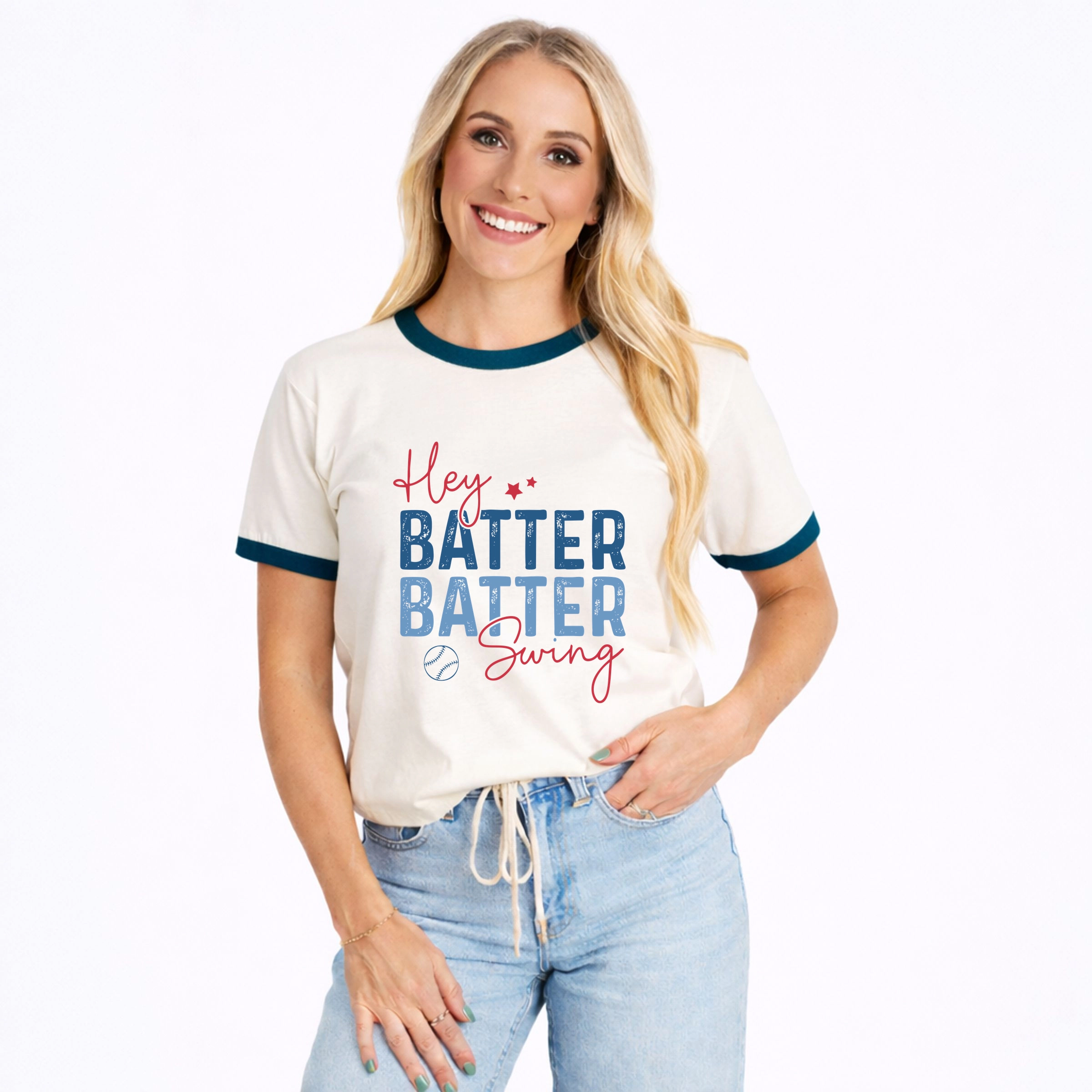 Simply Sage Market - Hey Batter Swing Distressed Women's Ringer Graphic T-Shirt