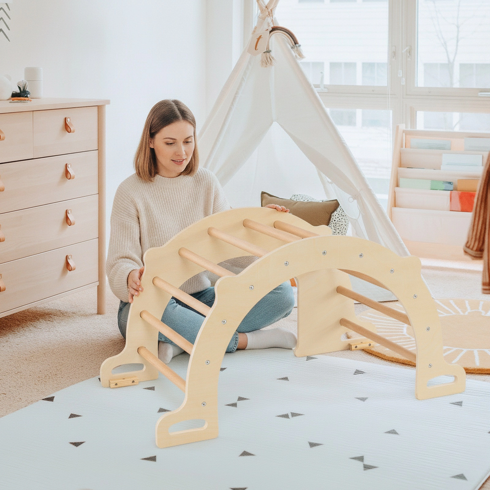 8-in-1 Wooden Climbing Arch Rocker Collapsible Toy Storage Bin 35.5-in Beech Frame and 110-lb Capacity Ages 3+ Natural