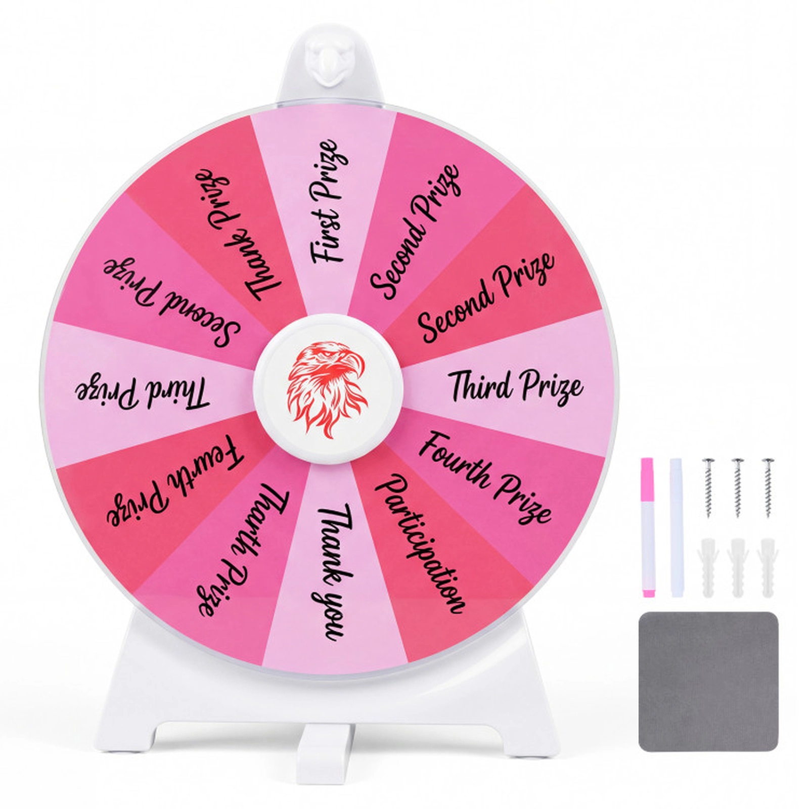 SUGIFT 12-in 14-Slot Wall Mounted Spin Prize Wheel with Swivel Base Wiping Cloth and 2 Blackboard Markers Pink