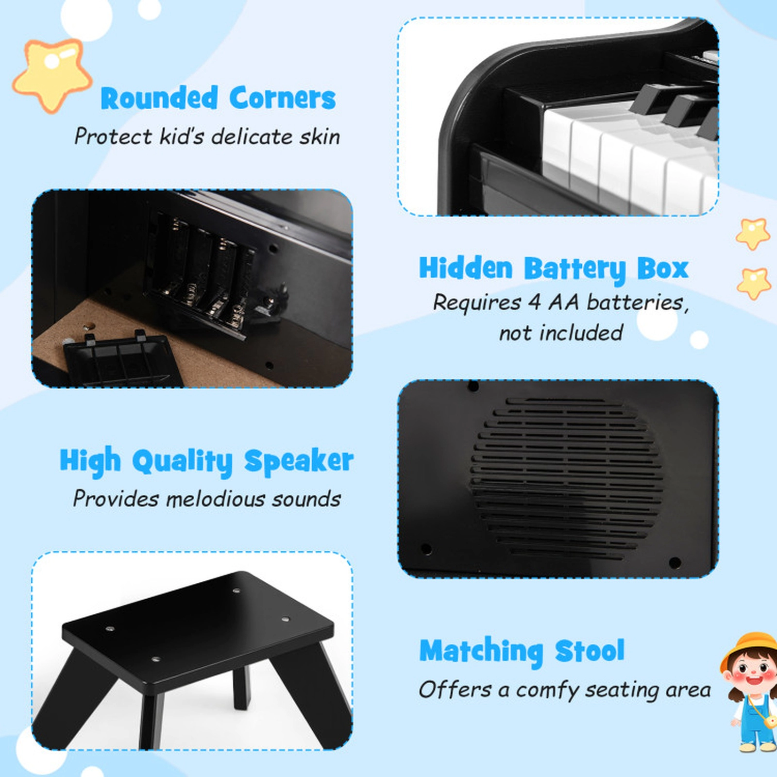 SUGIFT 25-Key Kids Digital Piano Keyboard with Stool Mini Wooden Piano 15-in Wide Ages 3+ Speed and Volume Black