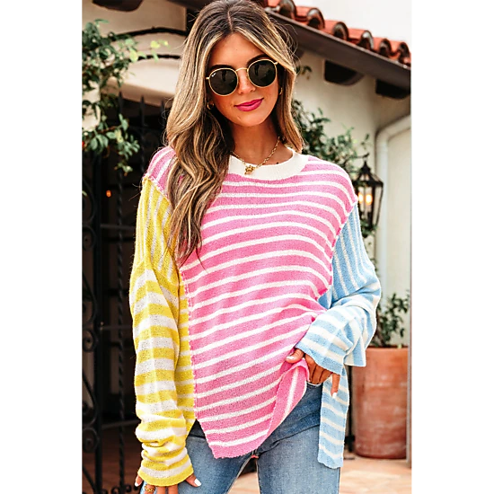 Threaded Pear Women's Esther Striped Patchwork Dolman Sleeve Slit Sweater