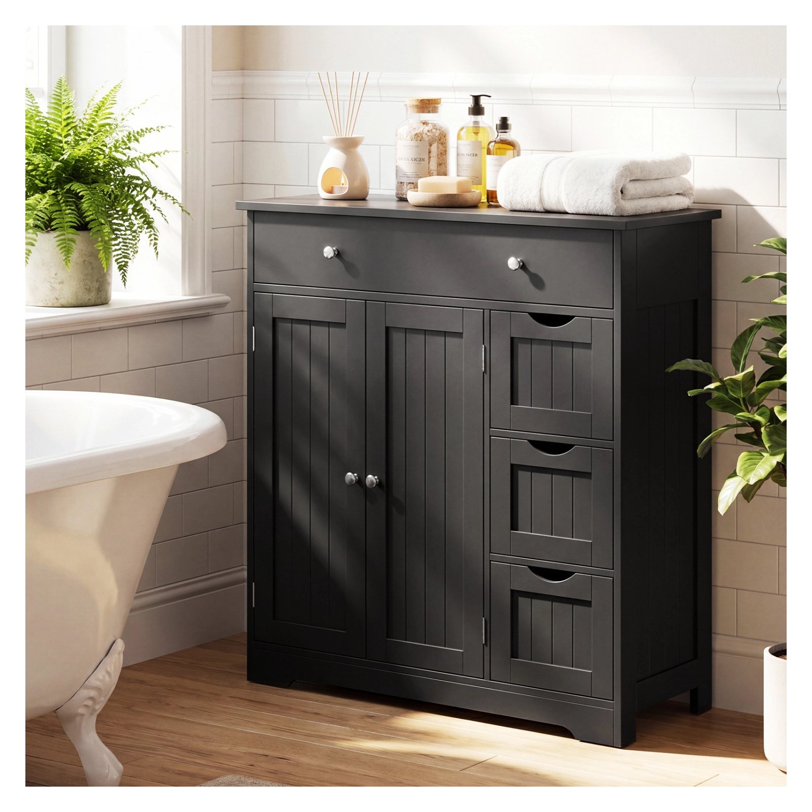 Glintex Wide Bathroom Cabinet with 4 Drawers 2 Doors and 320-Lb Capacity