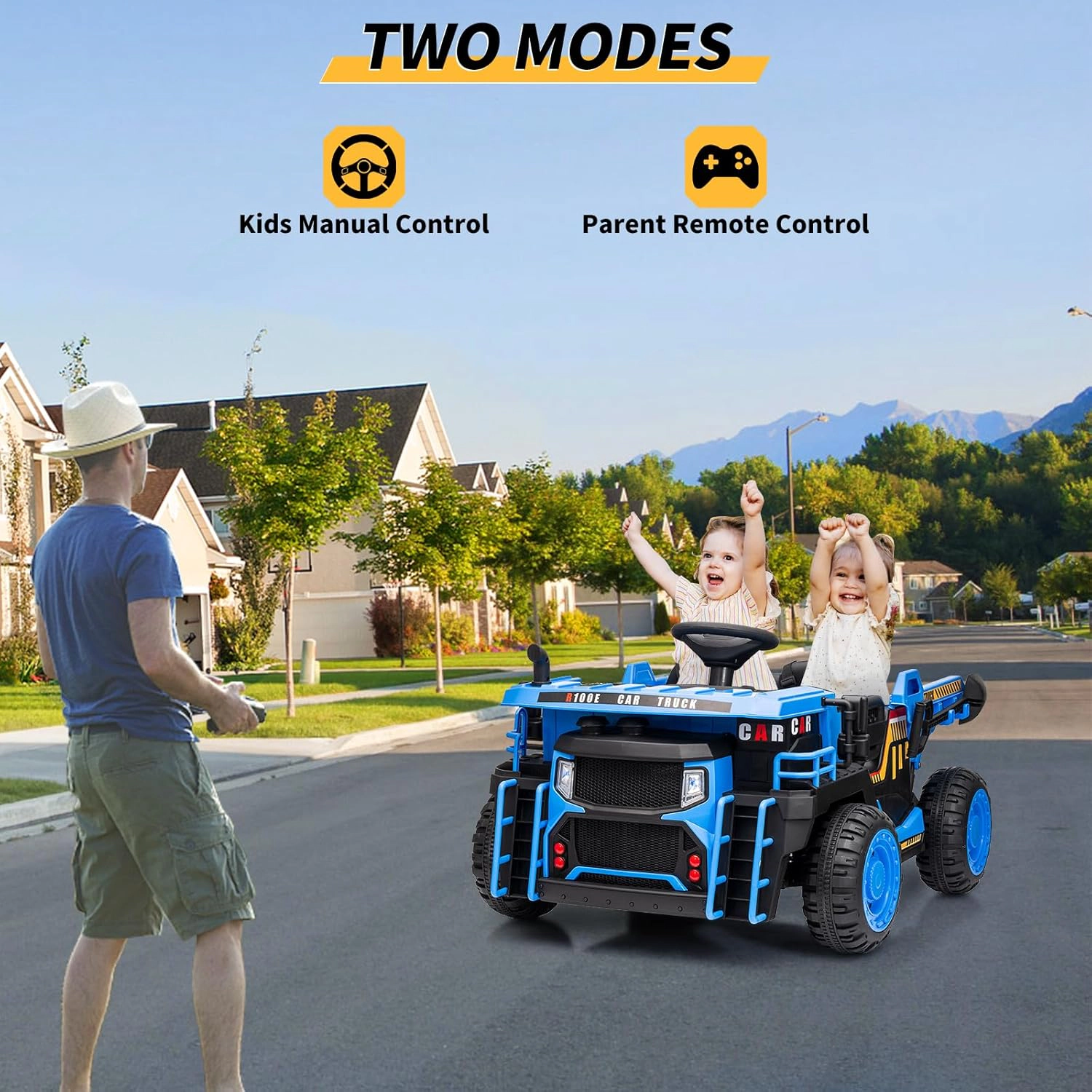 24V 2-Seater Kids Ride On Dump Truck, Electric Construction Car w/ Remote, 2WD/4WD, Lift Bed, Shovel, Music & Lights
