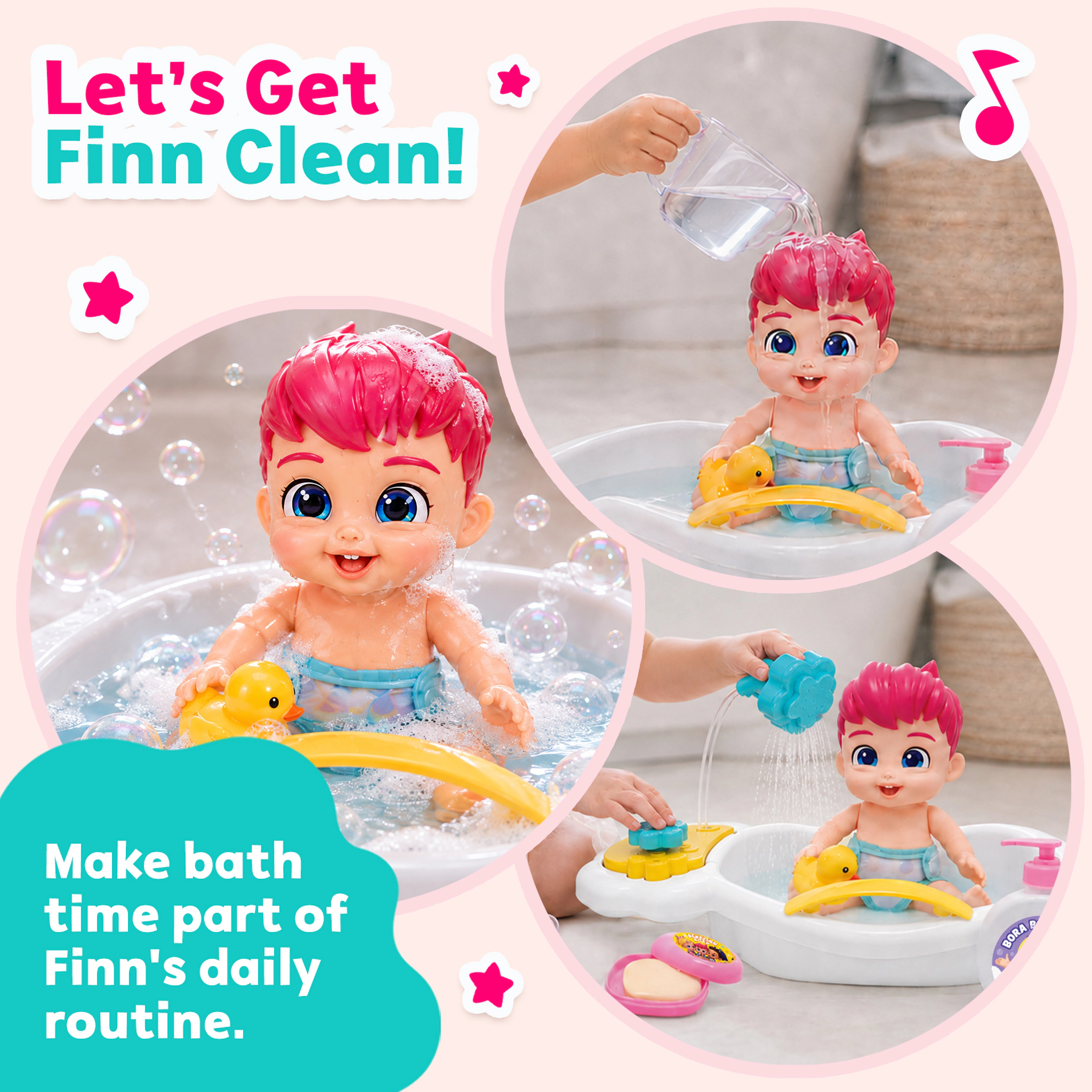 Bebefinn Kids Bath Doll Set - Water-Safe Baby Doll with Bath Play Accessories