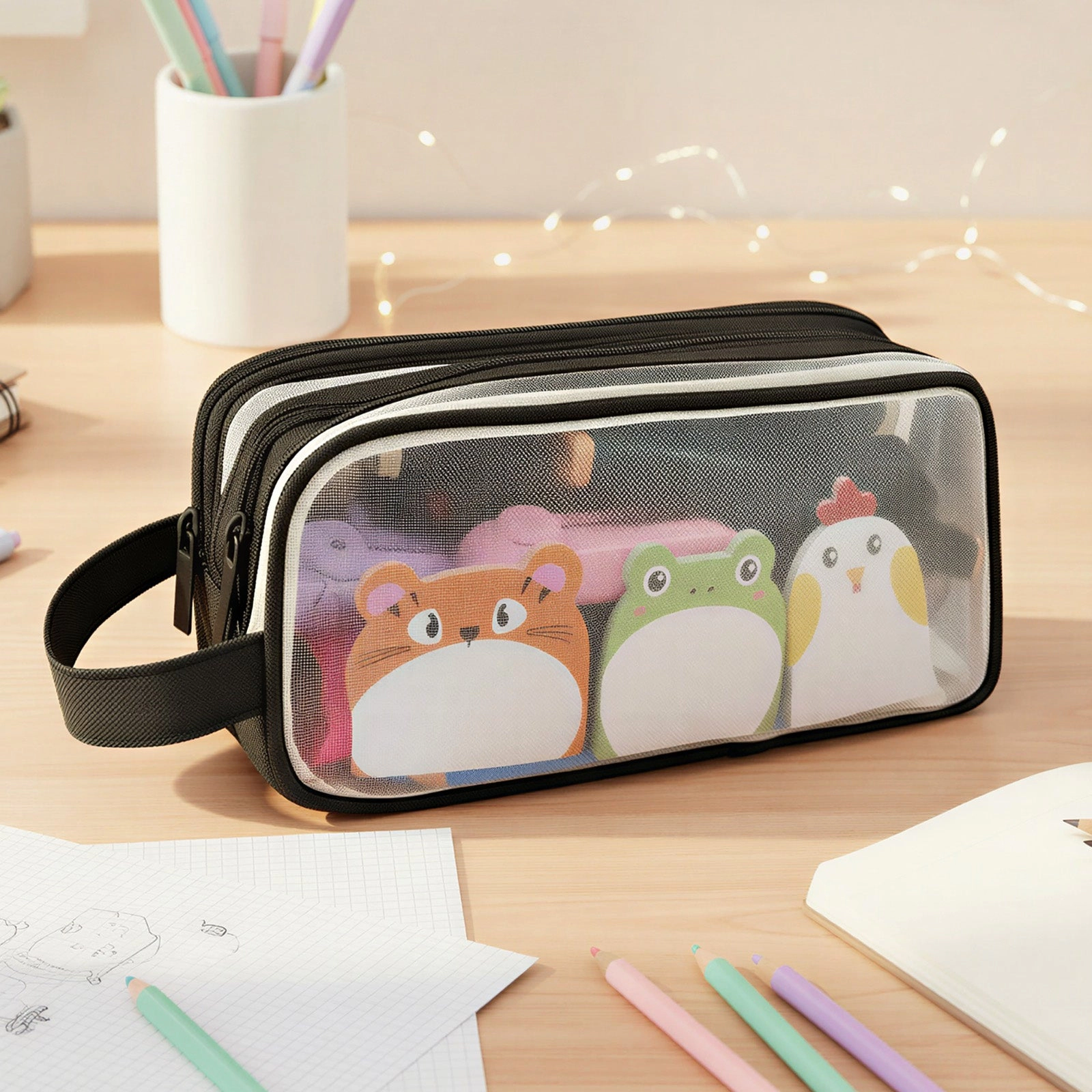 Wrapables 2-Compartment Transparent Mesh Pencil Case for Stationery, Makeup and Travel
