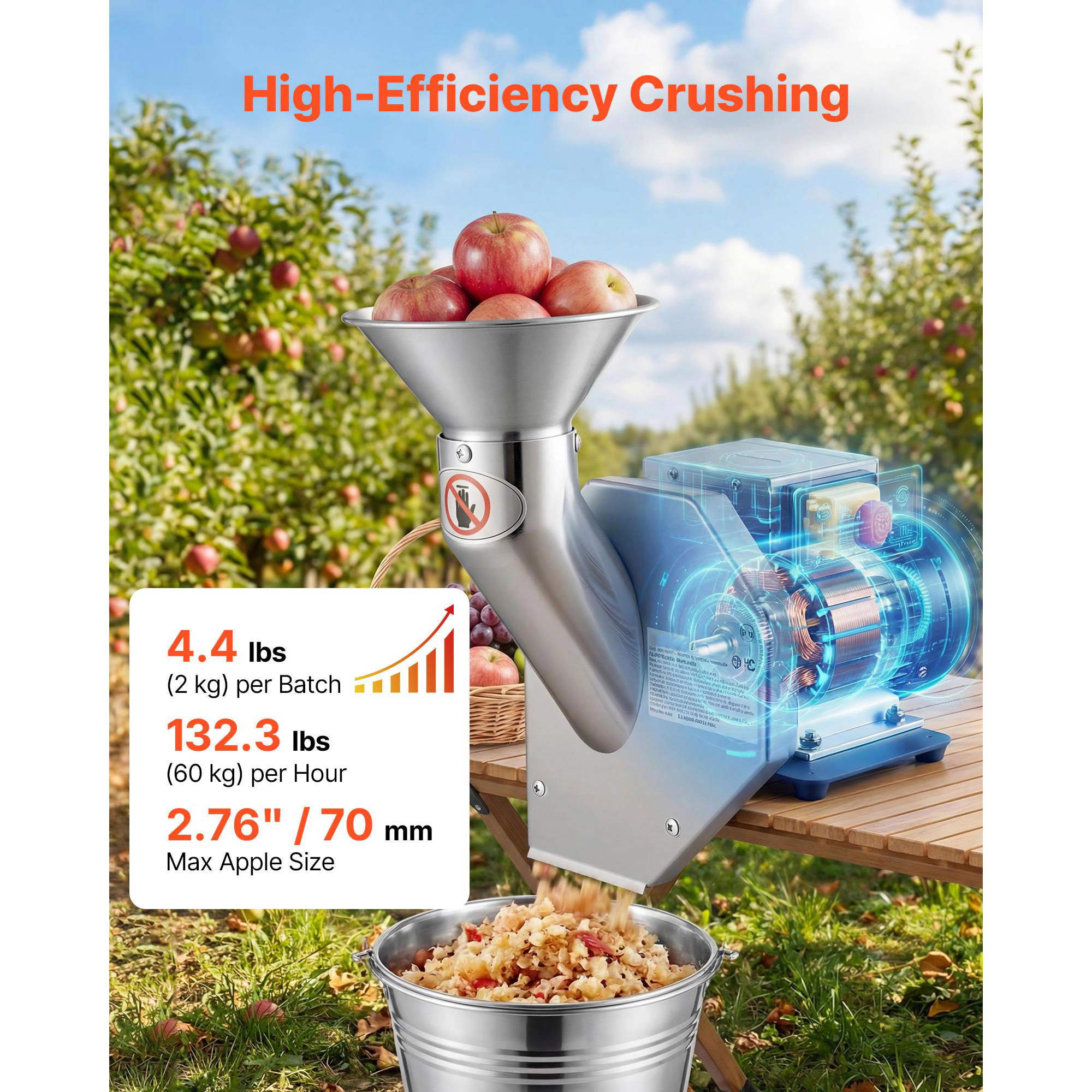 HONGGE Electric Fruit Apple Crusher, SUS304 Crushing Machine, Grinds Whole Apples, Cider Press for Apples, Pears