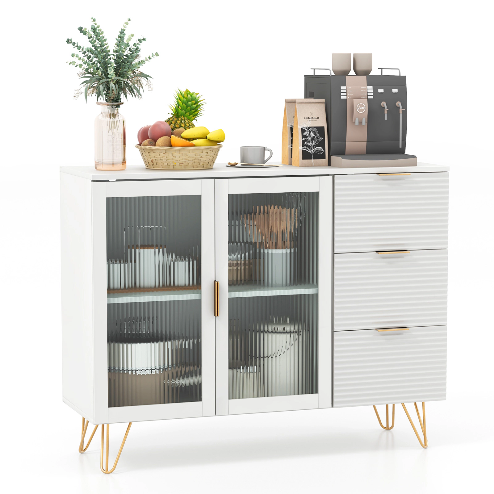 Glintex 42.5-Inch Sideboard with Tempered Glass Doors and 3 Drawers, White