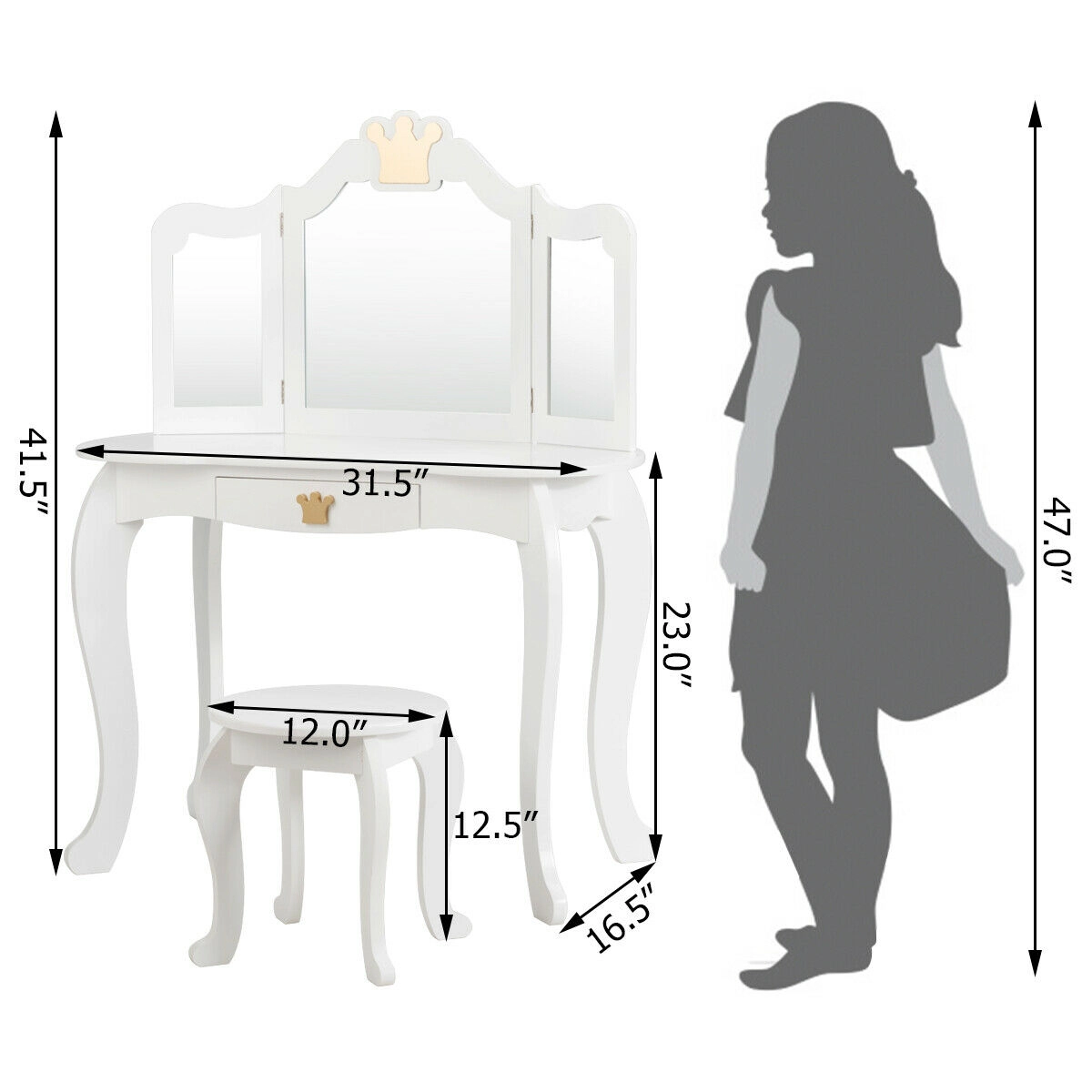 SUGIFT Kids Makeup Dressing Table Vanity with Tri-folding Mirror & Stool 33-lb Table Capacity 66-lb Stool Capacity White