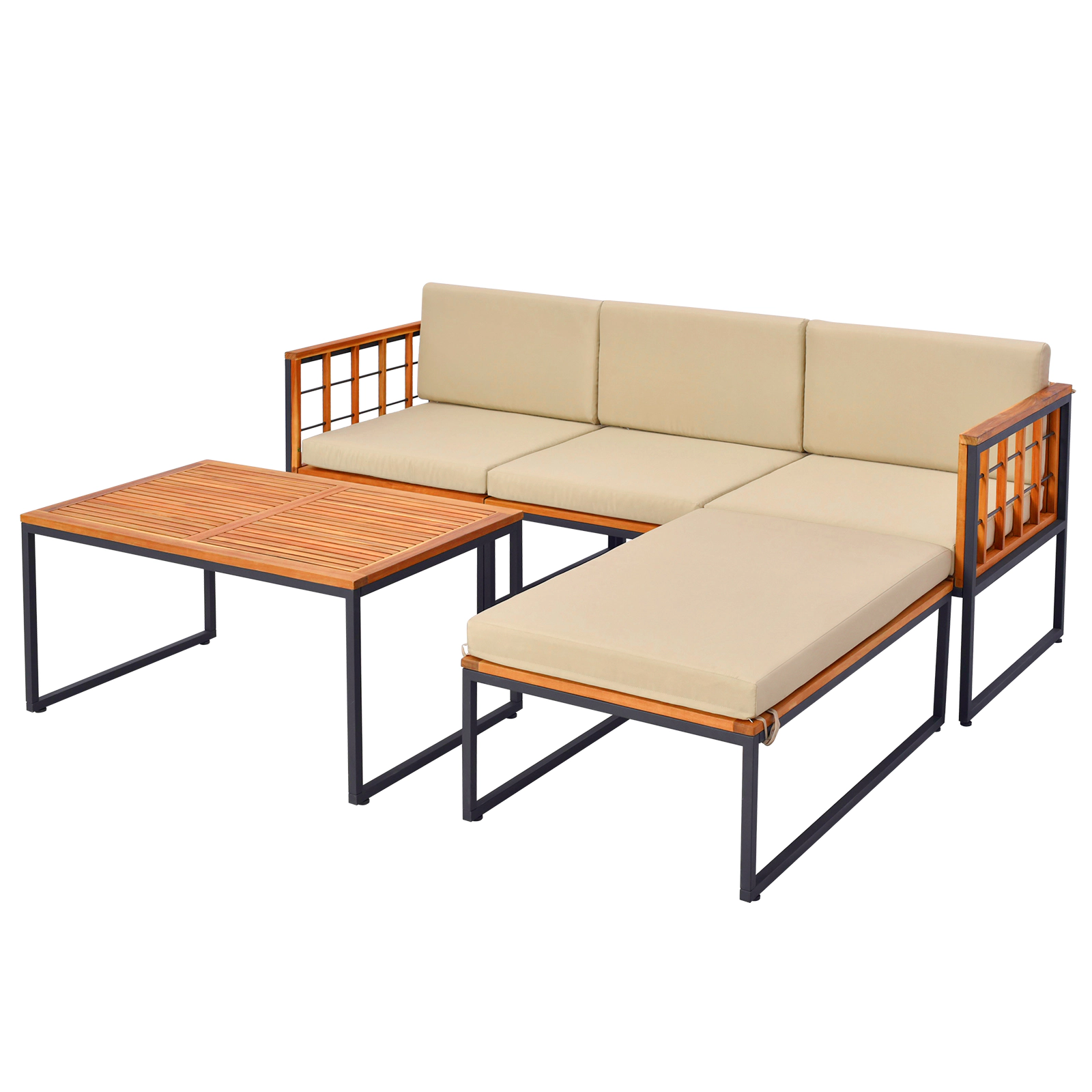 LJG 5 Pieces Patio Furniture Set Acacia Wood Sectional Set with Heavy-Duty Metal Frame