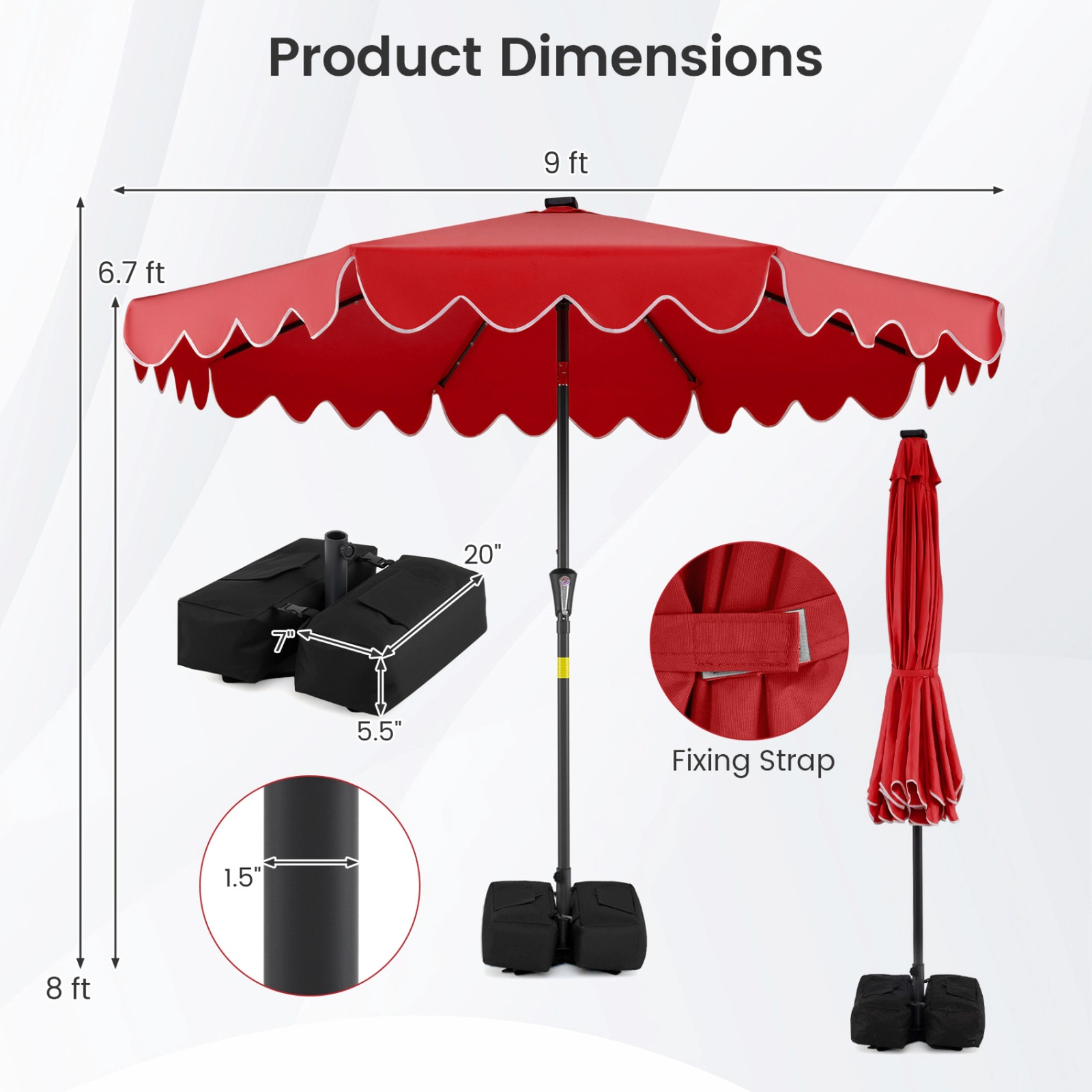 SUGIFT 9 ft Red Solar Patio Umbrella, Scalloped Canopy, 8 Ribs, Tilt, 1.5 in Pole, 2 Sandbags