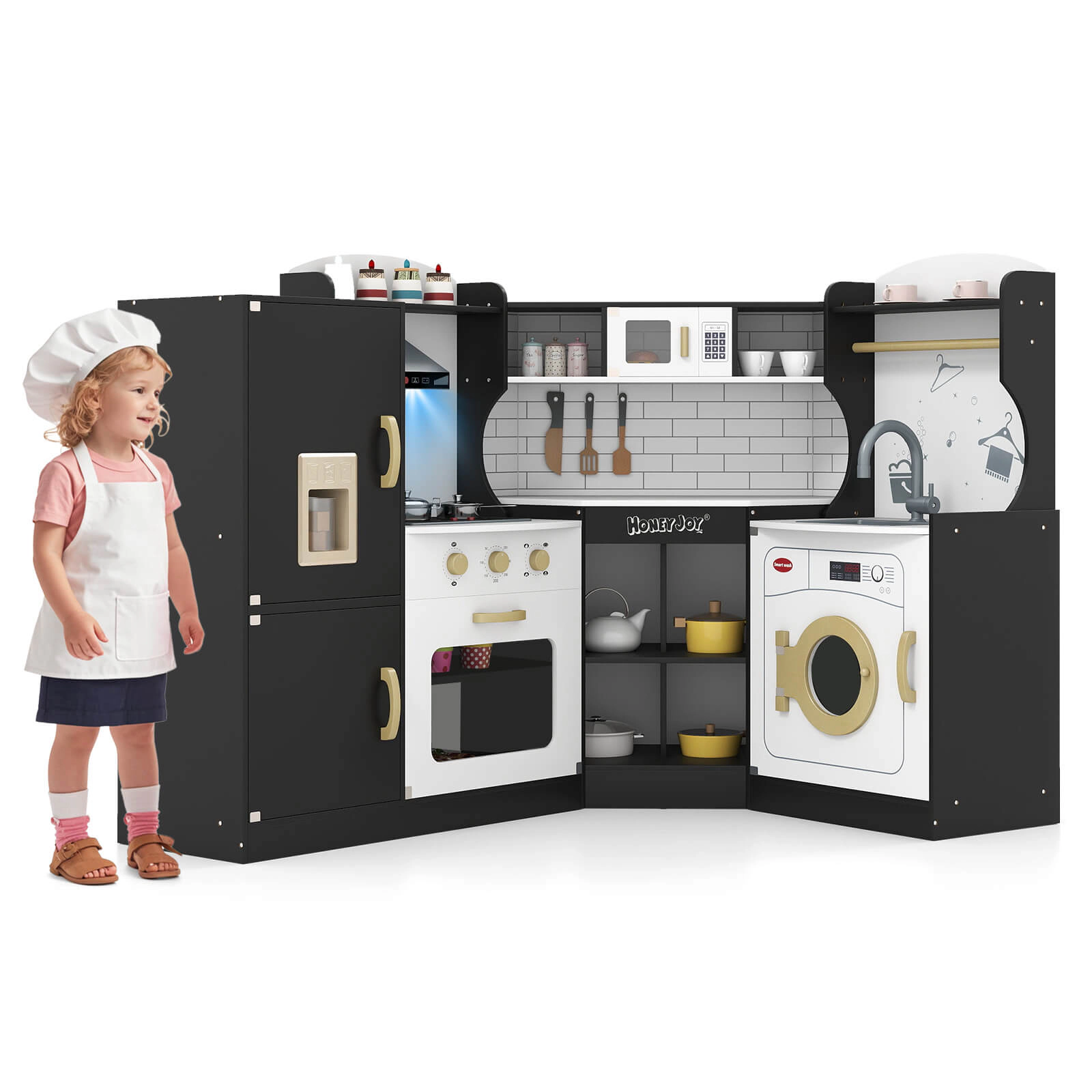 Costway Corner Play Kitchen Toddler Playset with Range Hood, Ice Maker, Microwave Pink