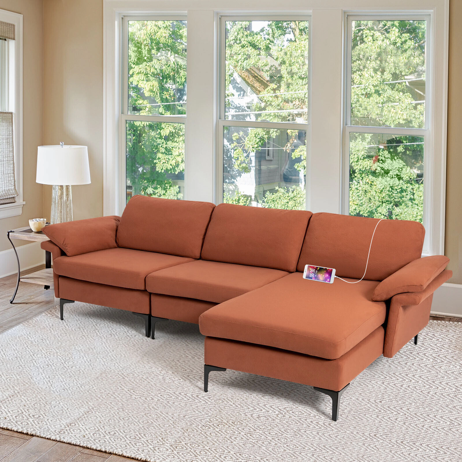 SUGIFT Rust Red 100.5-Inch L-Shaped Sectional Sofa with Reversible Chaise, Storage and USB Power Strip