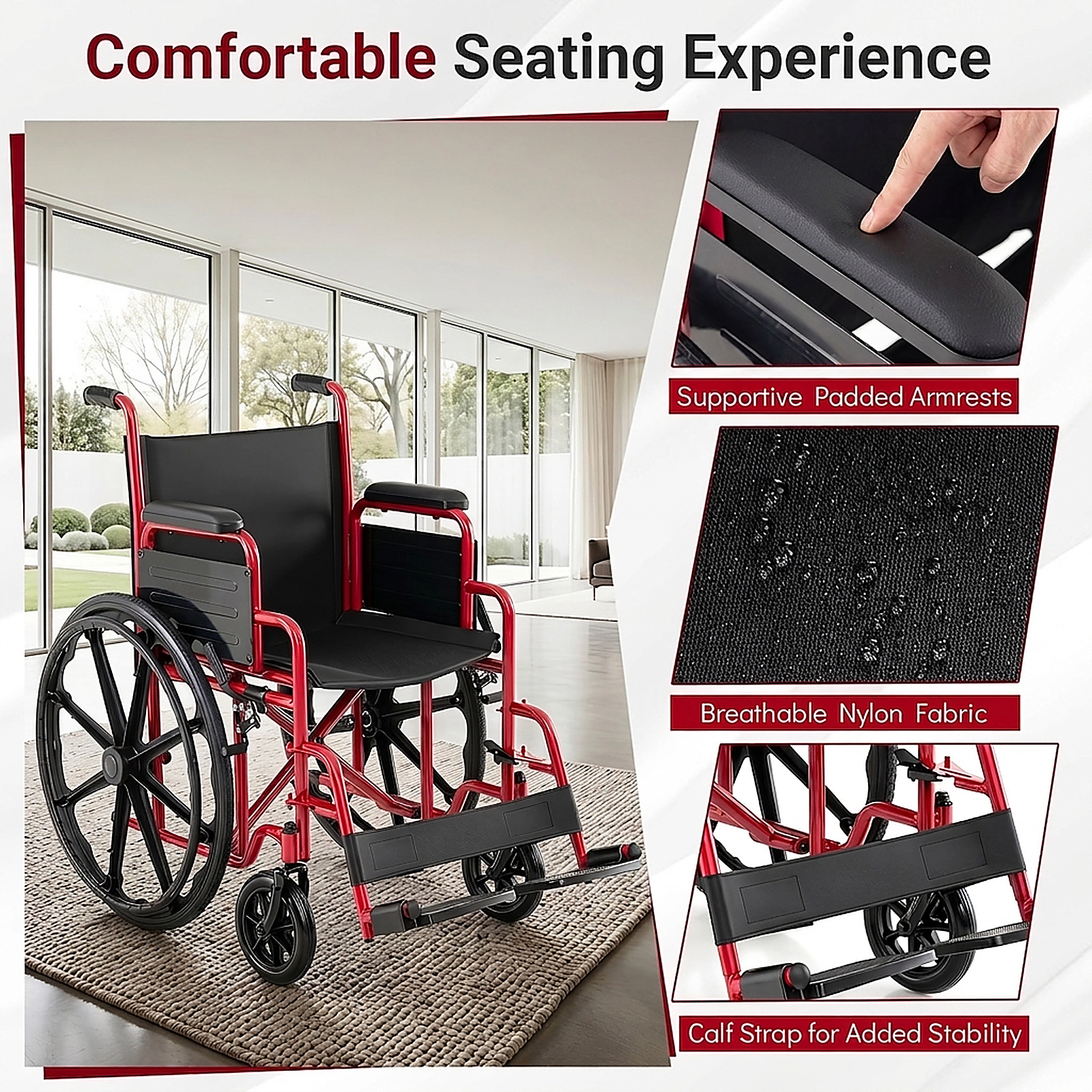 SUGIFT Red Folding Wheelchair, 330-Lb Capacity, Swing-Away Footrests, Desk-Length Arms
