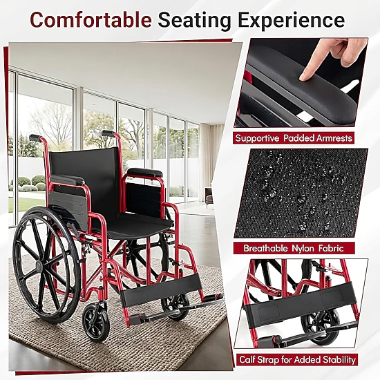 SUGIFT Red Folding Wheelchair, 330-Lb Capacity, Swing-Away Footrests, Desk-Length Arms