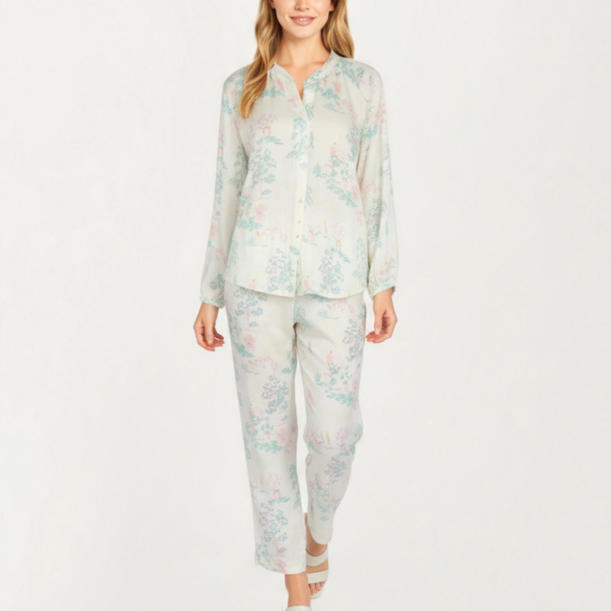 Anna-Kaci Women's 2-Piece Long Sleeve Button Front Top and Relaxed Fit Pants Pajama Set with Pastel Print