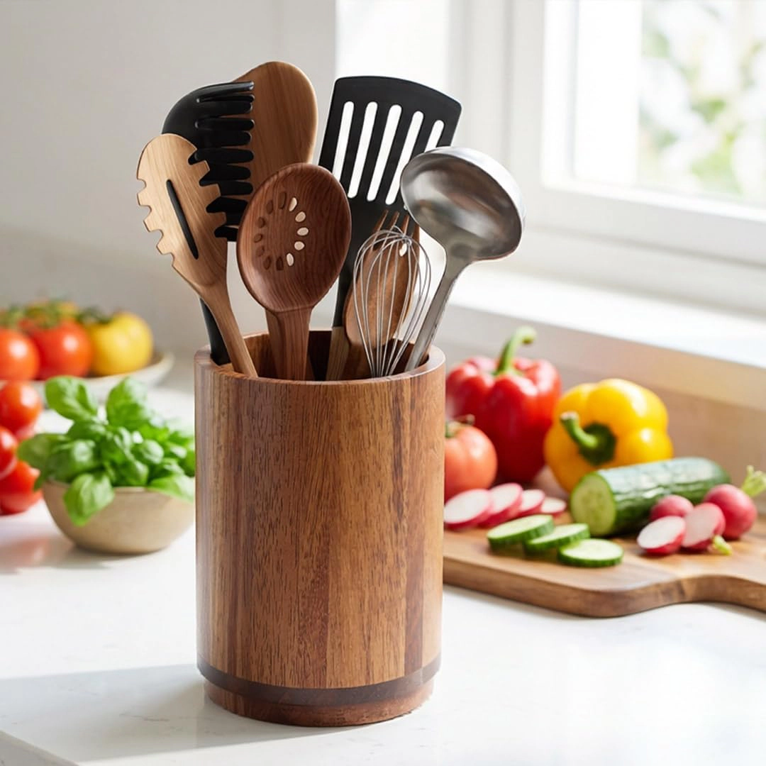 WZK Wood 15 Pcs Rotating Kitchen Utensil Holder