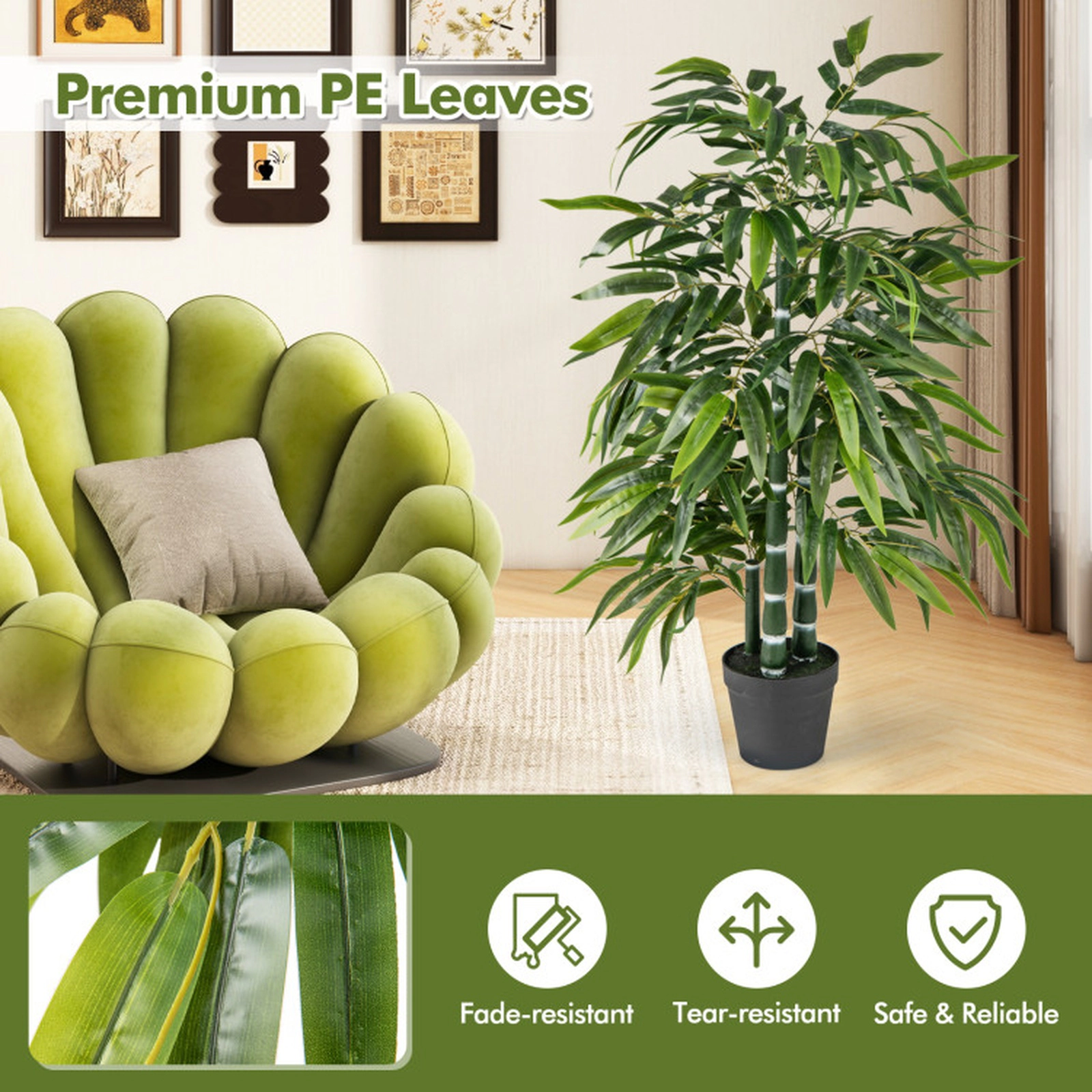 SUGIFT 2-Pack Artificial Bamboo Leaf Trees with 3 PE Trunks 50-in Tall with Weighted Cement Base Green Black